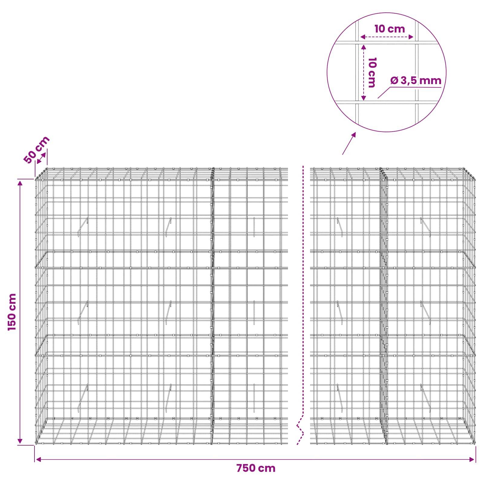 Drahtgeflecht-Gabionenkorbdiagramm mit Abmessungen: 750 cm breit, 150 cm hoch, 50 cm tief, mit 10 cm Gitter und 3,5 mm Draht.