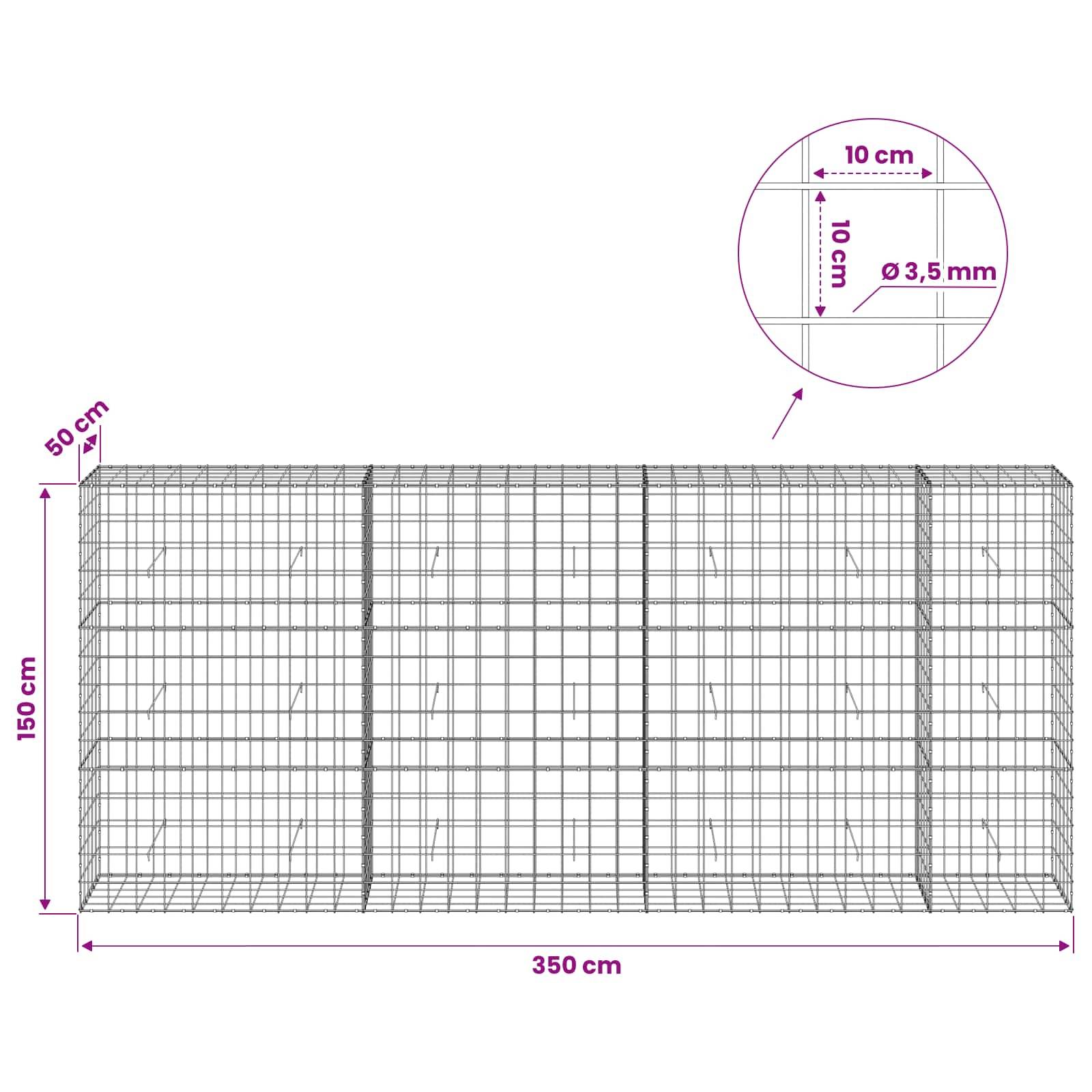 Drahtgitter-Zaun-Diagramm, das ein 350 cm breites, 150 cm hohes, 50 cm tiefes Gehäuse mit 10 cm Gitterabstand und 3,5 mm Drahtdurchmesser zeigt.