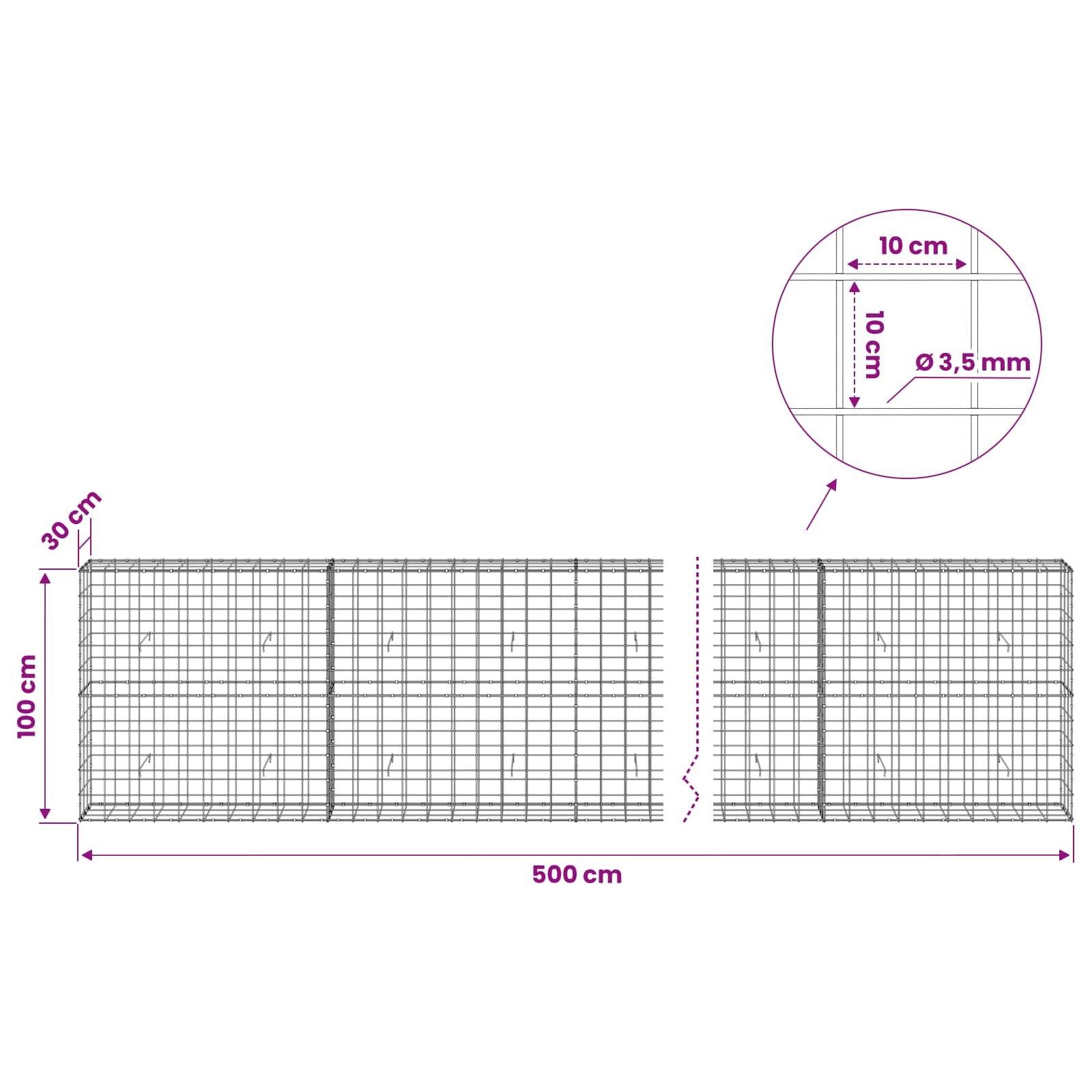 Technisches Diagramm eines Drahtgitterpanels mit den Abmessungen: 500 cm Länge, 100 cm Höhe, 30 cm Tiefe, mit 10 cm x 10 cm Öffnungen und 3,5 mm Drahtdicke.
