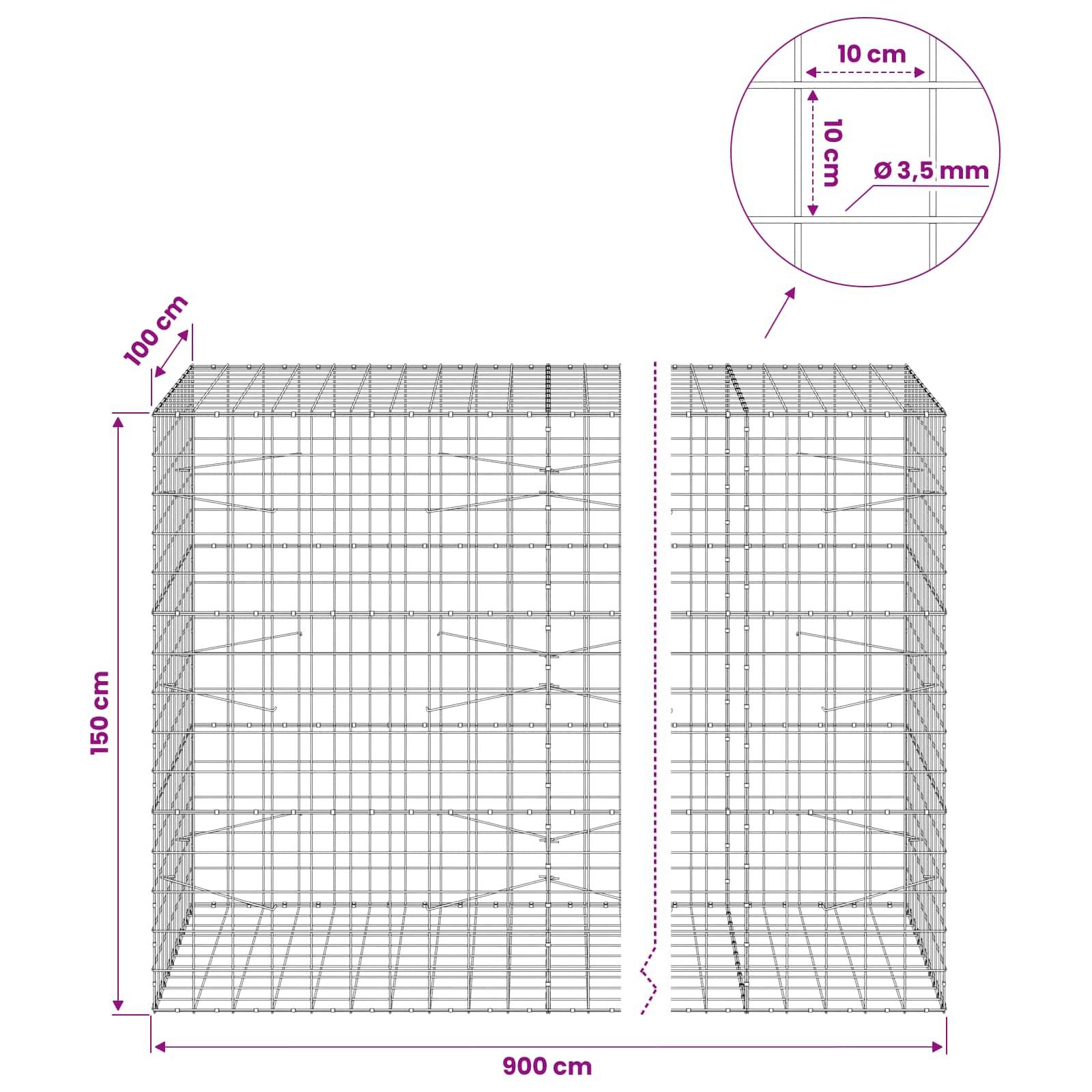 Drahtgabionenkorbdiagramm mit einem 900 cm breiten, 150 cm hohen, 100 cm tiefen Käfig mit 10 cm Maschenweite und 3,5 mm Drahtdurchmesser.