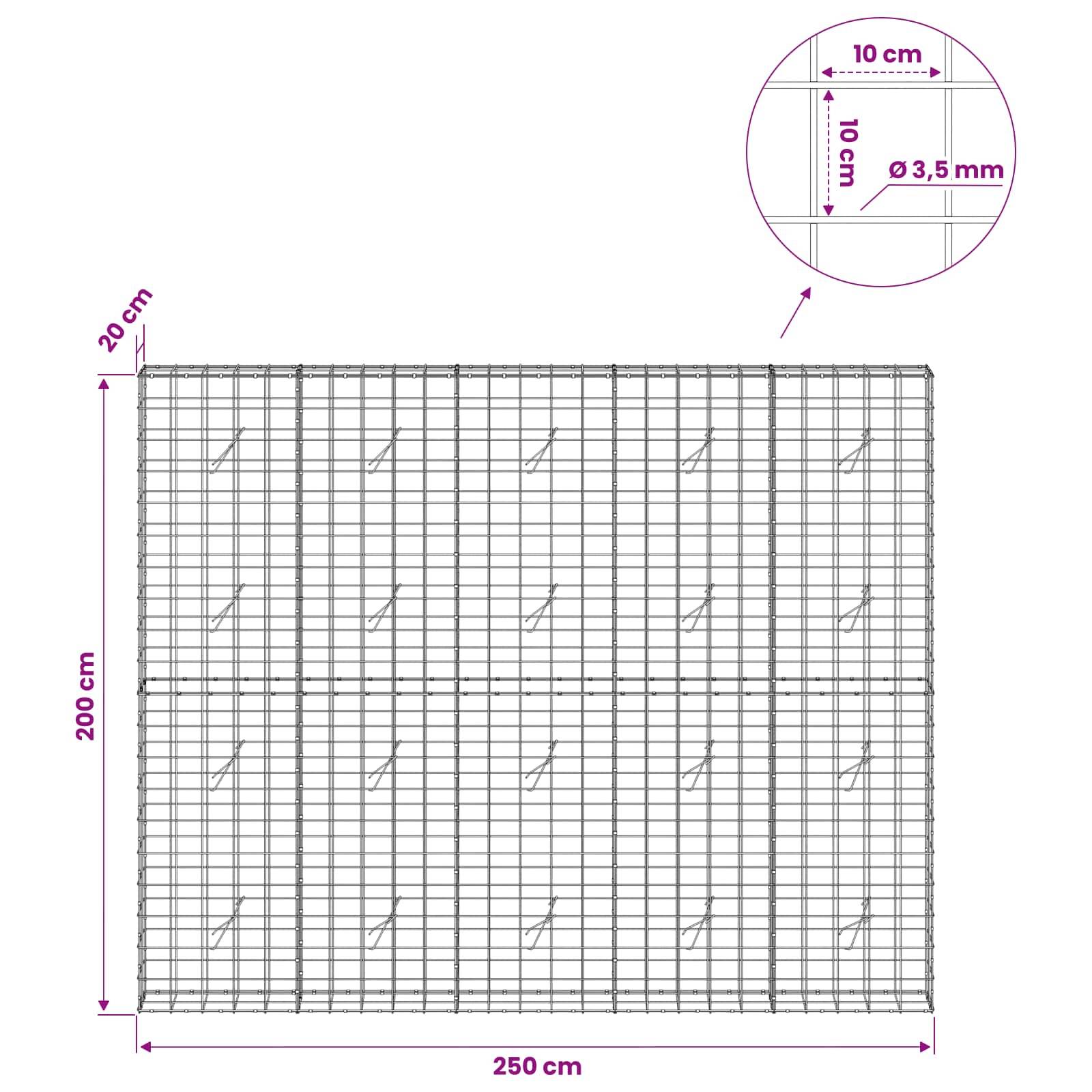 Diagramm eines Drahtgitterpanels mit einer Breite von 250 cm und einer Höhe von 200 cm, mit 10 cm Gitterabstand und 3,5 mm Drahtdurchmesser.