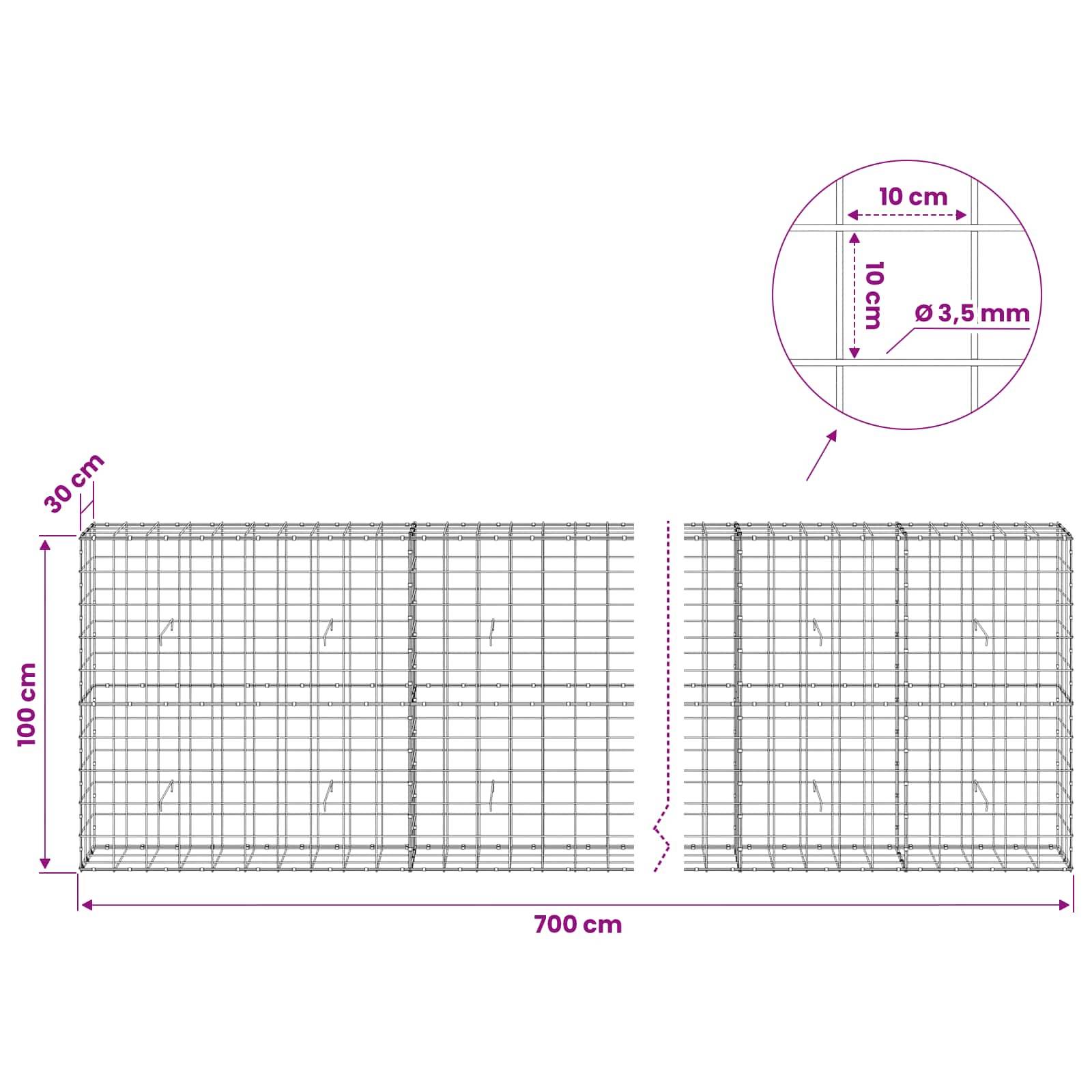 Technisches Diagramm einer Maschenbarriere, Gesamtgröße 700 cm mal 100 cm mal 30 cm und eine Detailansicht von 10 cm Maschenabstand mit 3,5 mm Drahtdurchmesser.