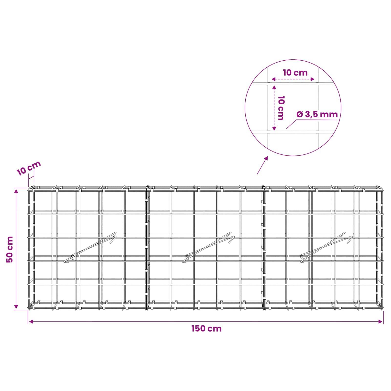 Technisches Diagramm eines rechteckigen Drahtgeflecht-Paneels, 150 cm breit und 50 cm hoch, mit 10 cm Maschenweite und 3,5 mm Drahtdurchmesser Einsatz