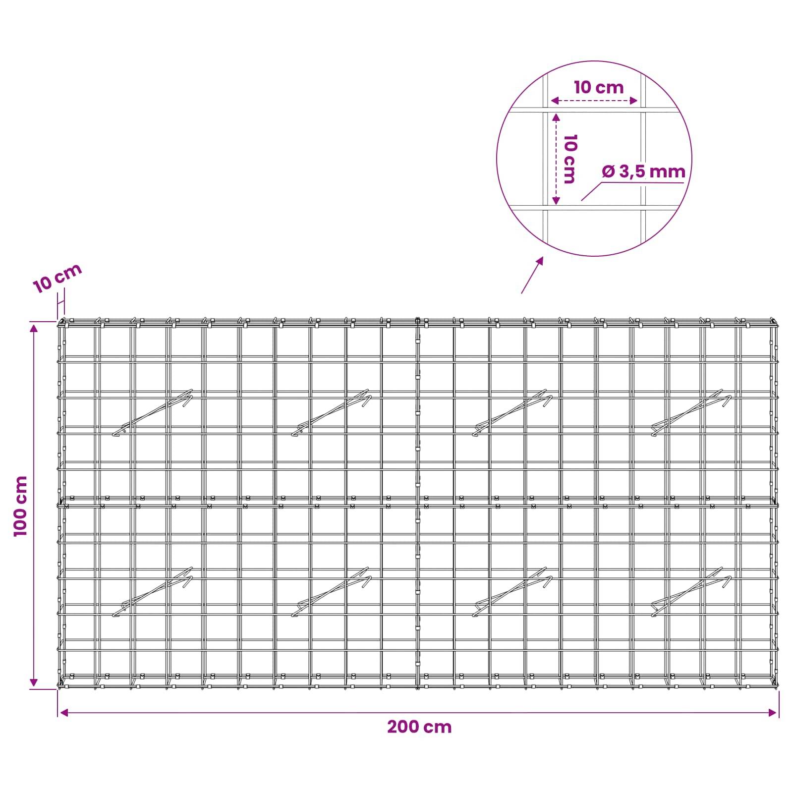 Diagramm eines Drahtgitterpanels mit einer Breite von 200 cm und einer Höhe von 100 cm, mit 10 cm Gitterabstand und 3,5 mm Drahtdurchmesser.