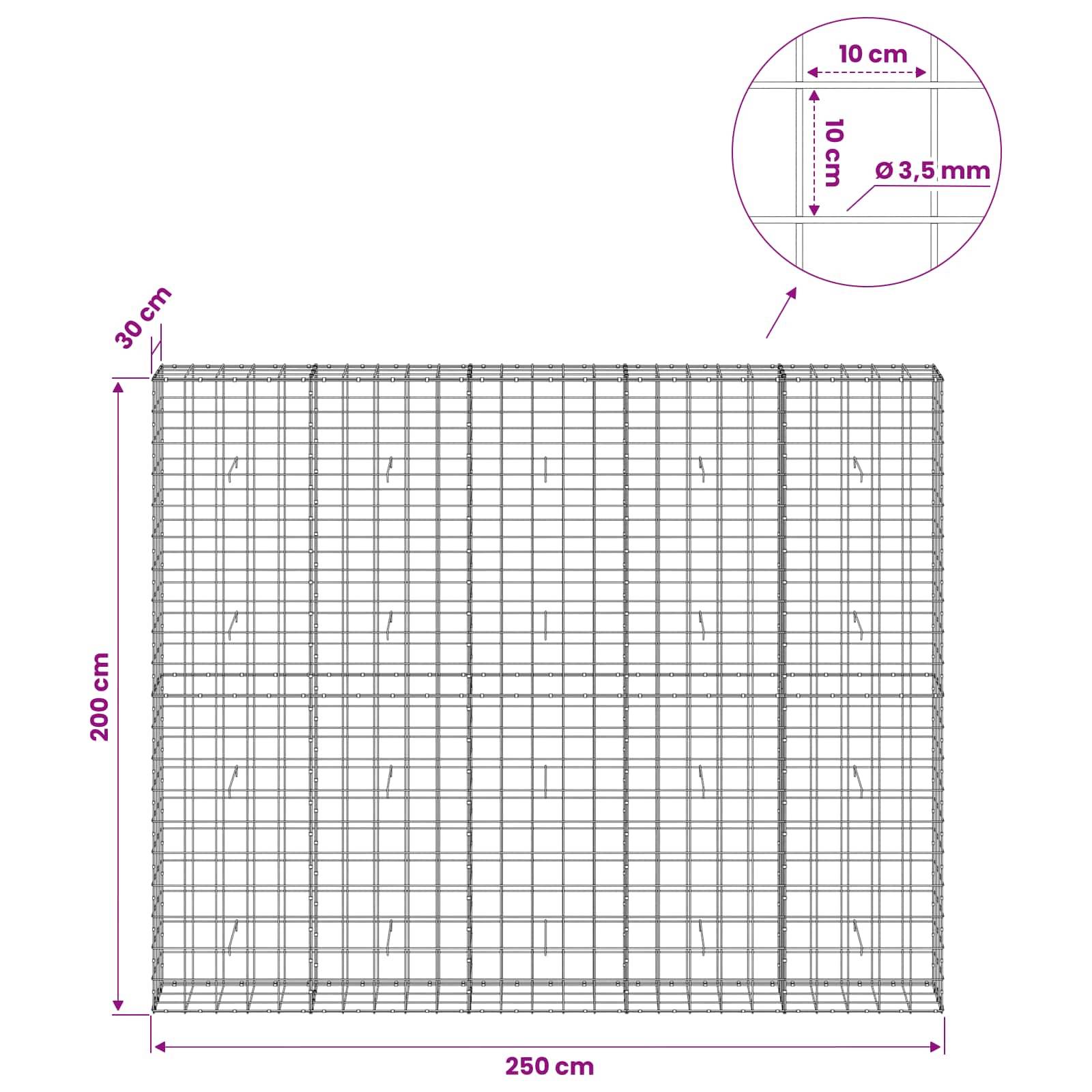 Diagramm eines Drahtgeflecht-Panels mit den Maßen 250 cm Breite, 200 cm Höhe und 30 cm Tiefe, mit 10 cm Gitterabstand und 3,5 mm Drahtdurchmesser.