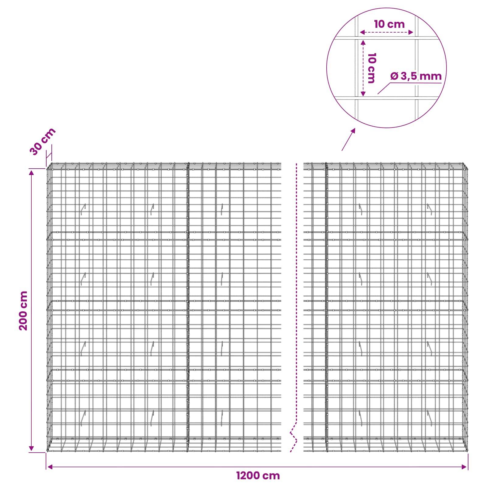 Technische Zeichnung von zwei Drahtgitterpaneelen mit den Abmessungen 1200 cm Breite x 200 cm Höhe und 30 cm Tiefe, mit 10 cm Gitterabstand und 3,5 mm Drahtdurchmesser.