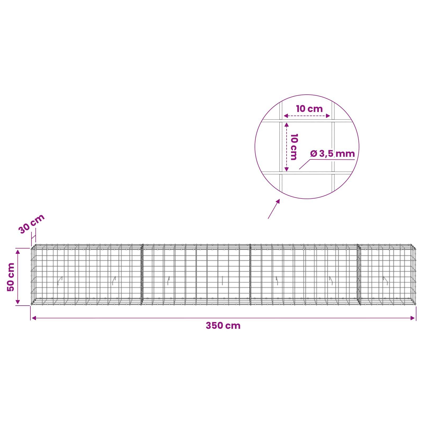 Diagramm eines Drahtgitterpanels mit Abmessungen: 350 cm Länge, 50 cm Höhe, 30 cm obere Tiefe, mit 10 cm Quadratmasche und 3,5 mm Drahtdicke.