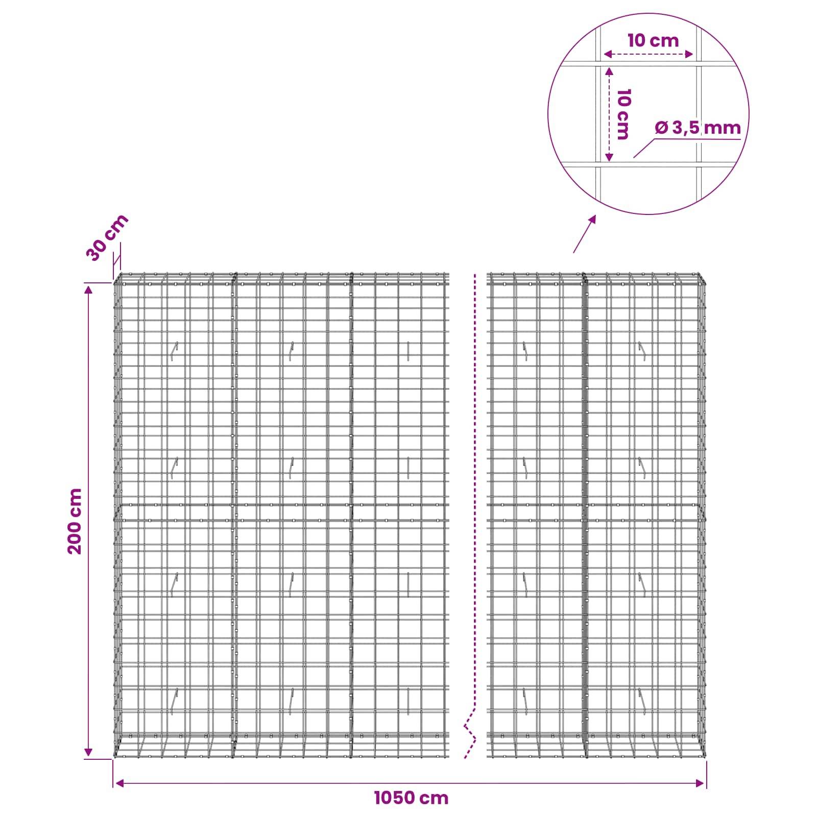 Technische Zeichnung von zwei Drahtgitter-Gabionen-Paneelen mit Abmessungen: 200 cm Höhe, 1050 cm Breite, 30 cm Tiefe, 10 cm Maschenweite, 3,5 mm Draht.
