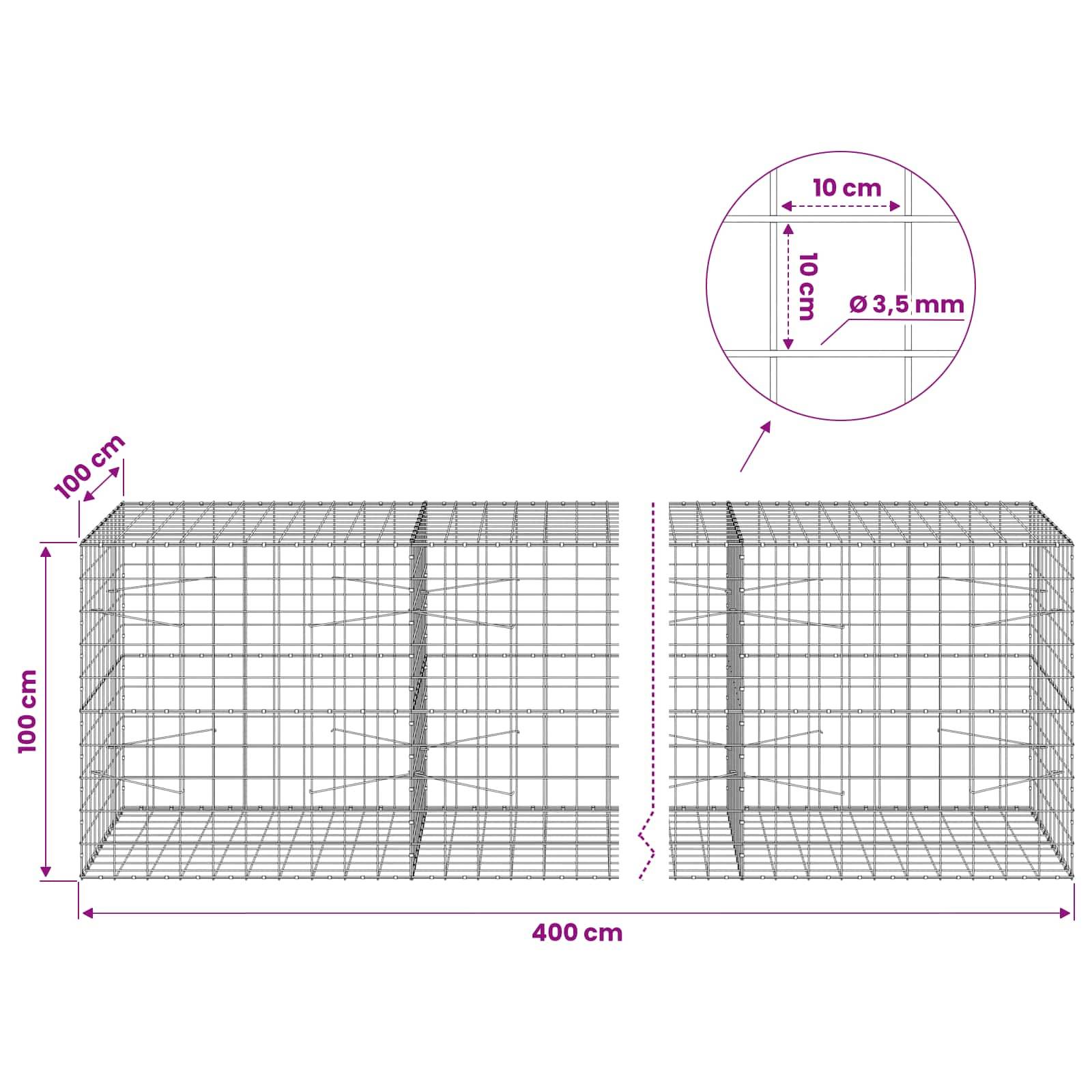 Drahtgeflecht-Gabionenkorb-Diagramm mit 400 cm Länge, 100 cm Höhe und Tiefe, mit 10 cm Rasterabstand und 3,5 mm Drahtdurchmesser.