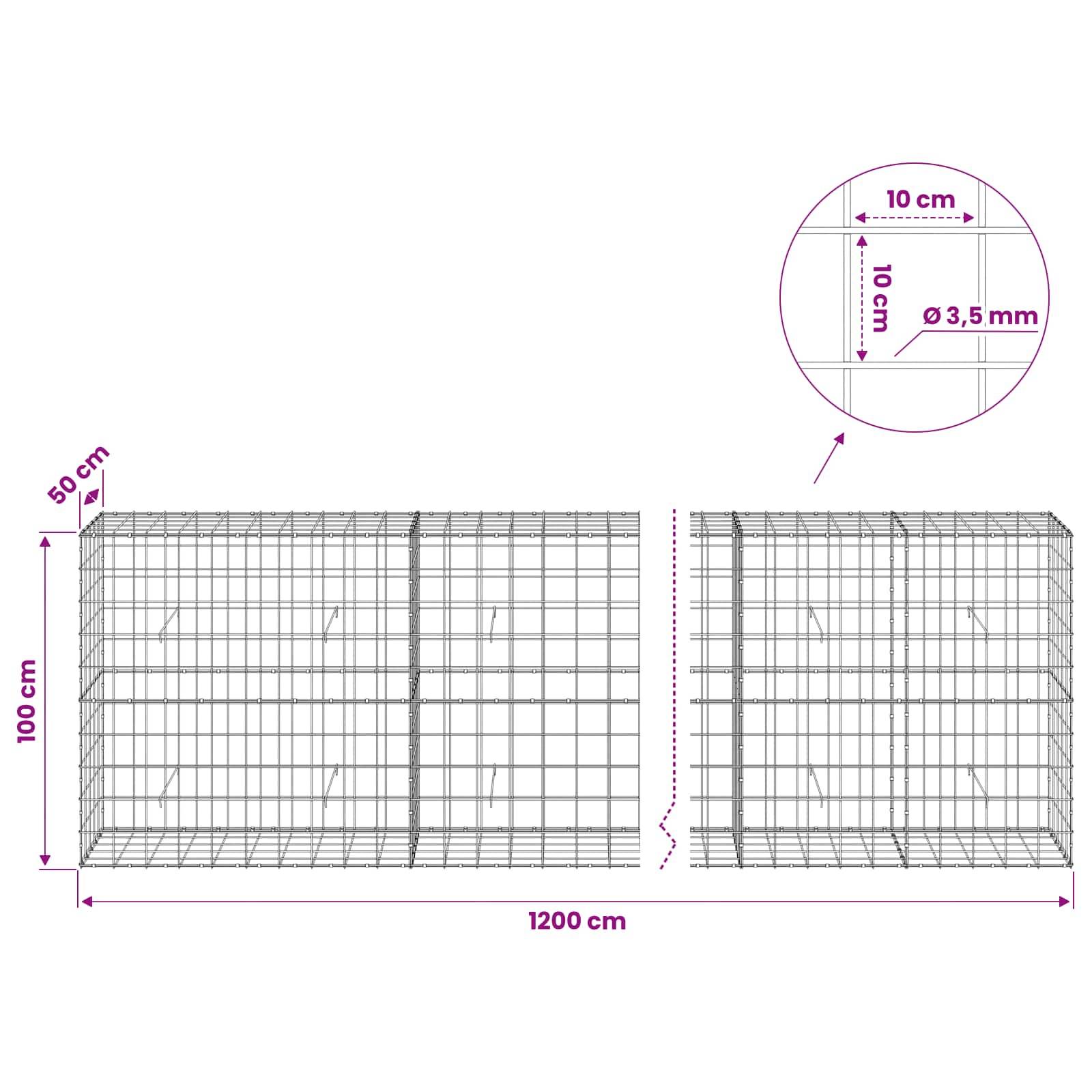Drahtgitterzaundiagramm mit zwei Zaunfeldern mit den Abmessungen 1200 cm Breite, 100 cm Höhe, 50 cm Tiefe und 3,5 mm Drahtdurchmesser; die Vergrößerung zeigt einen Maschenabstand von 10 cm x 10 cm.