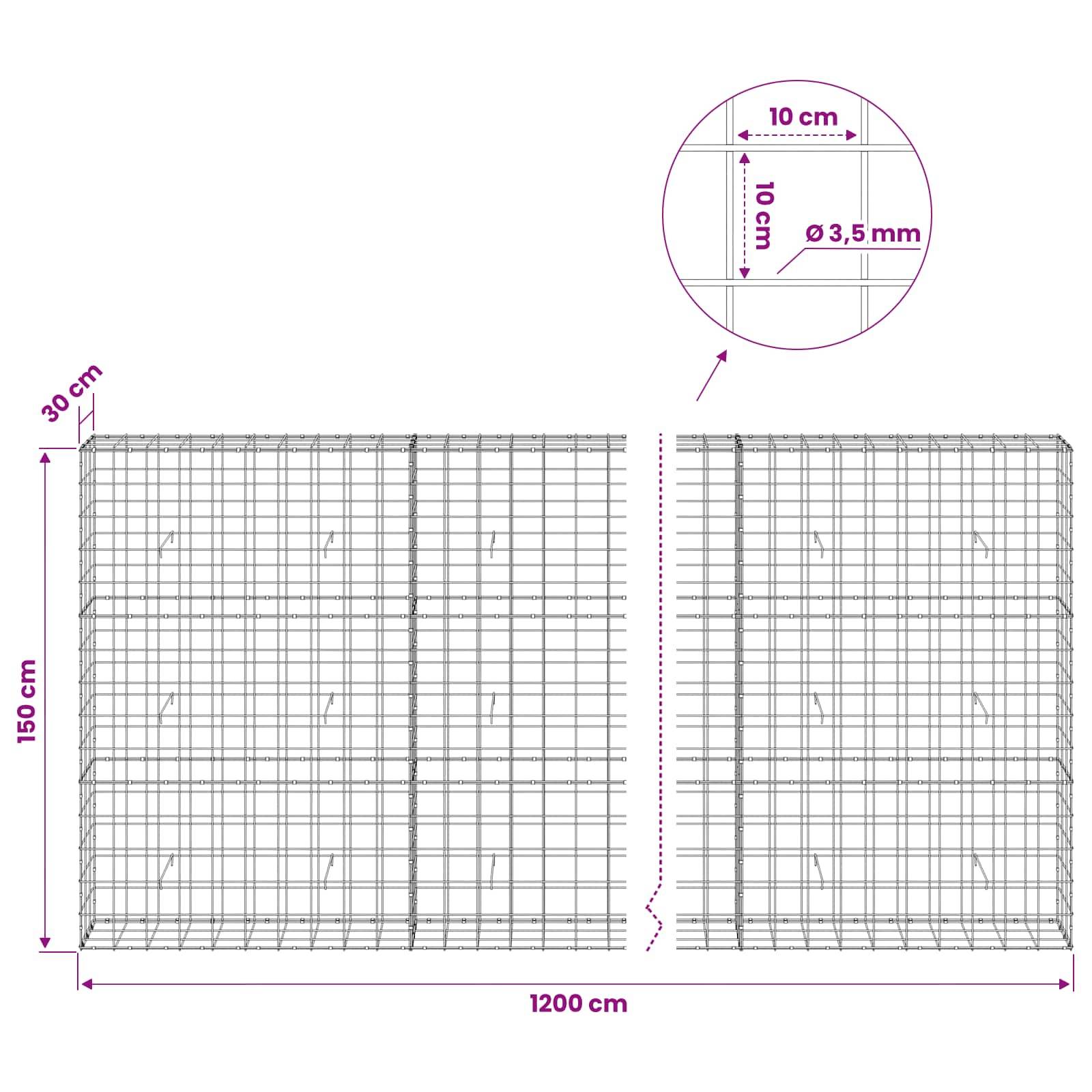 Drahtgeflecht-Paneel-Diagramm mit einem 1200 cm breiten, 150 cm hohen Zaun-Abschnitt mit 30 cm Tiefe und einer Nahaufnahme, die ein 10 cm quadratisches Gitter und einen Drahtdurchmesser von 3,5 mm zeigt.
