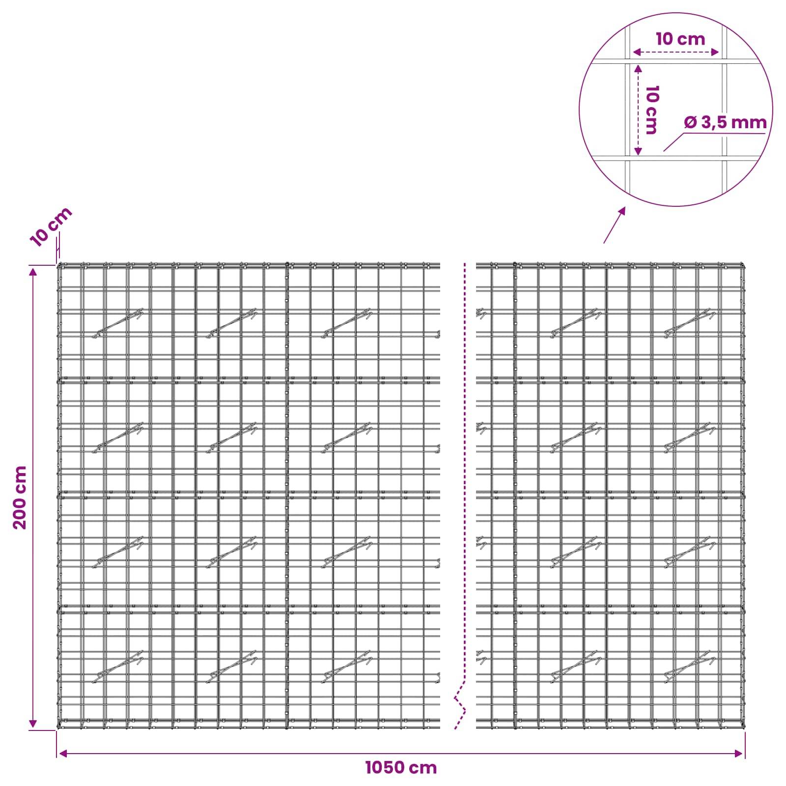 Diagramm von zwei benachbarten Drahtgitterpaneelen, je 200 cm hoch, mit 10 cm Gitterabstand und 3,5 mm Drahtdurchmesser; Gesamtbreite 1050 cm.