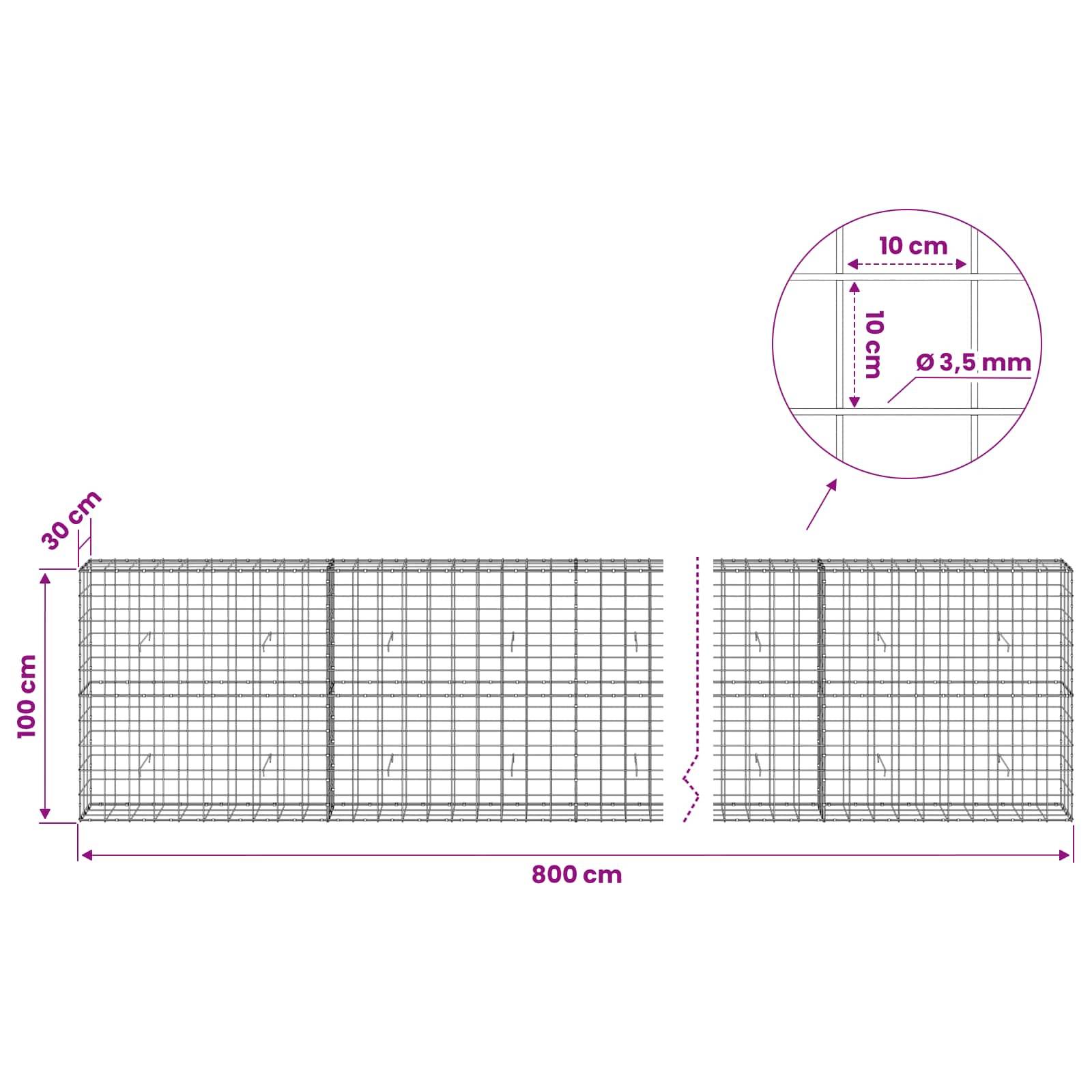 Diagramm eines Drahtgitterzaunfeldes mit Gesamtgröße 800 cm mal 100 cm, 30 cm Pfosten und eine Detailvergrößerung mit 10 cm Maschenweite und 3,5 mm Drahtdurchmesser.