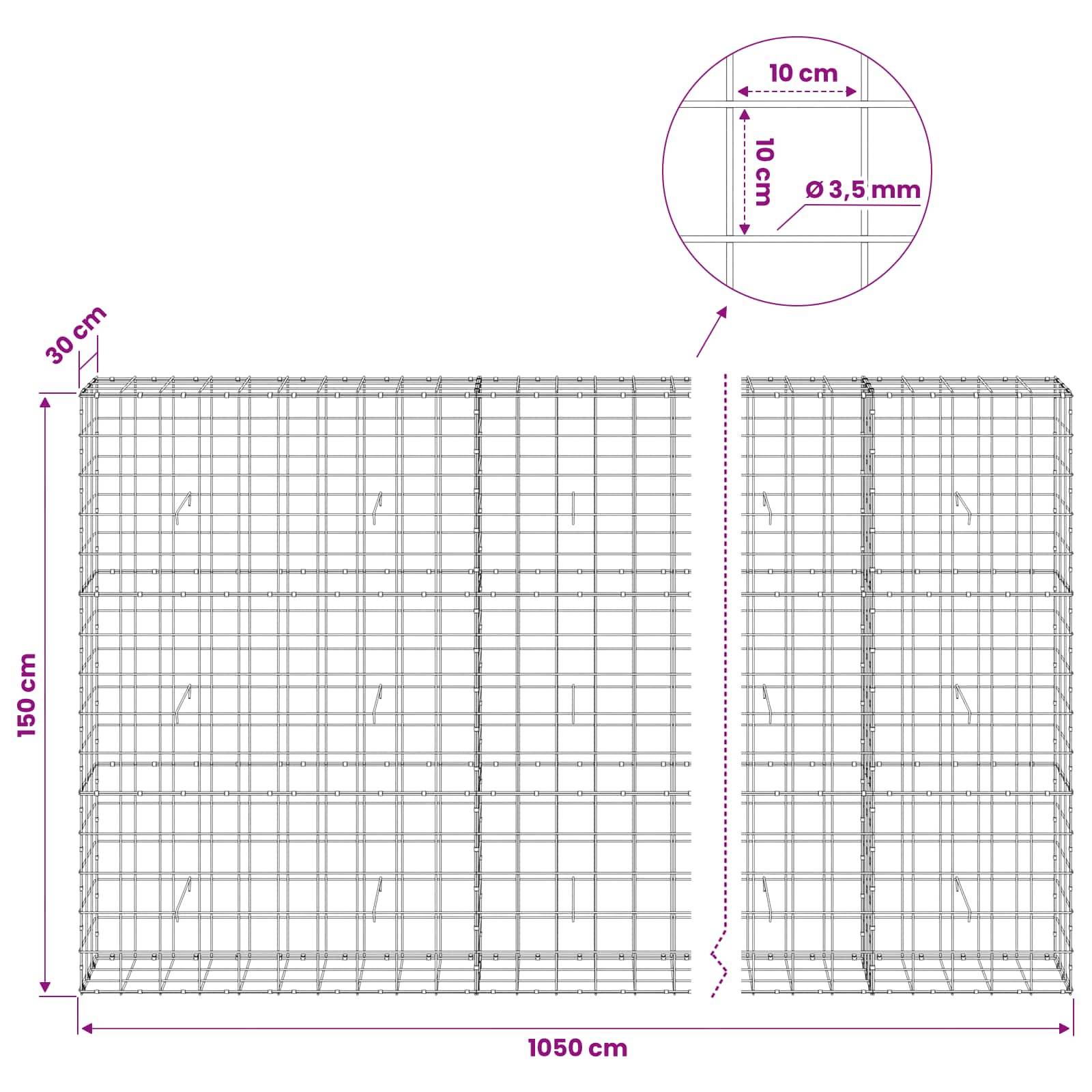 Drahtgitter-Schanzkorb-Wanddiagramm, das eine 1050 cm lange, 150 cm hohe, 30 cm tiefe Struktur mit 10 cm Gitterabstand und 3,5 mm Drahtdurchmesser zeigt.