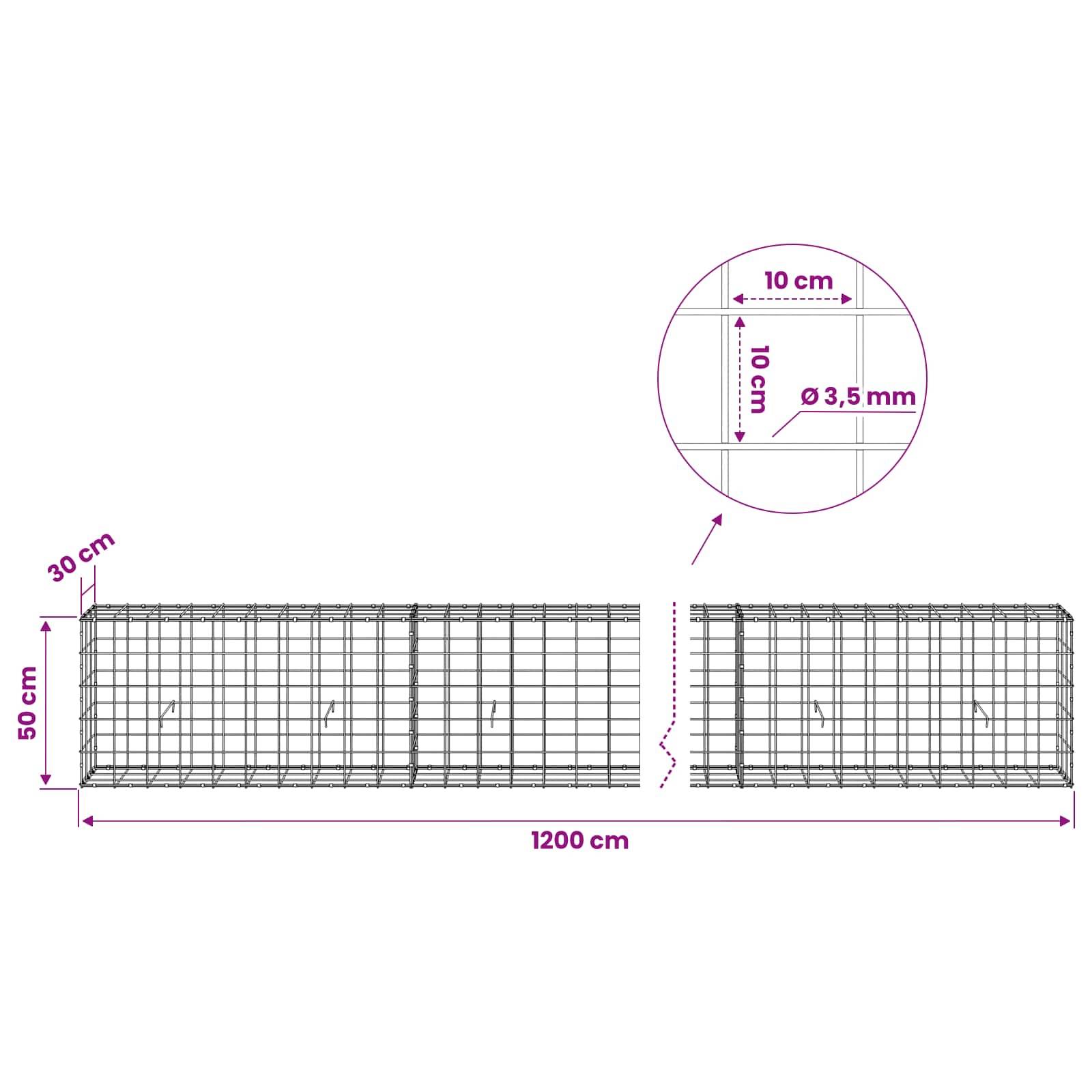 Technisches Diagramm eines Maschendrahtzaun-Panels mit den Abmessungen 1200 cm Länge, 50 cm Höhe, 30 cm Tiefe, 10 cm quadratischem Gitter und 3,5 mm Drahtdurchmesser.