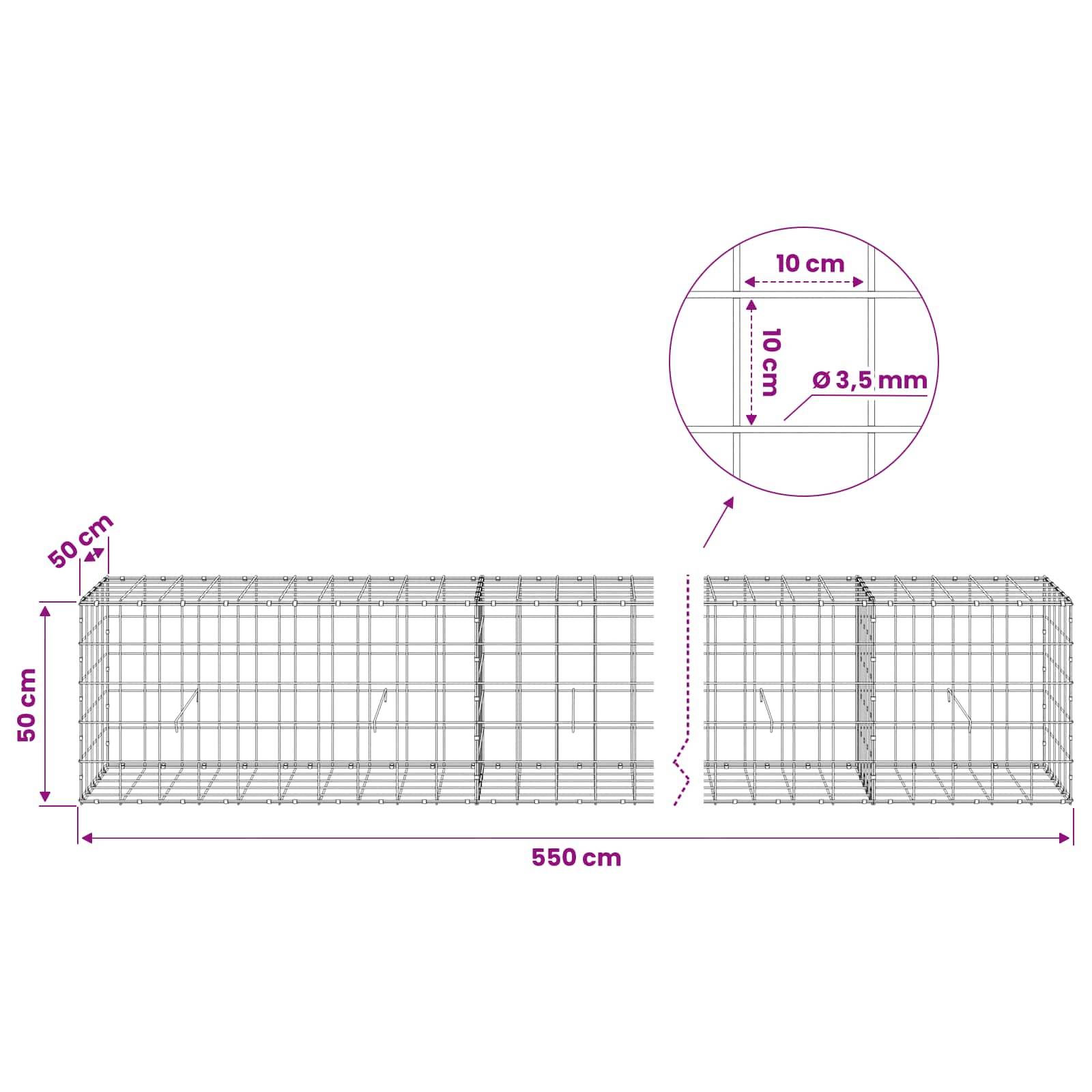 Drahtkörbe-Dimensionsdiagramm zeigt zwei verbundene Käfige, 550 cm lang und 50 cm hoch/tief, mit 10 cm Gitter und 3,5 mm Draht.