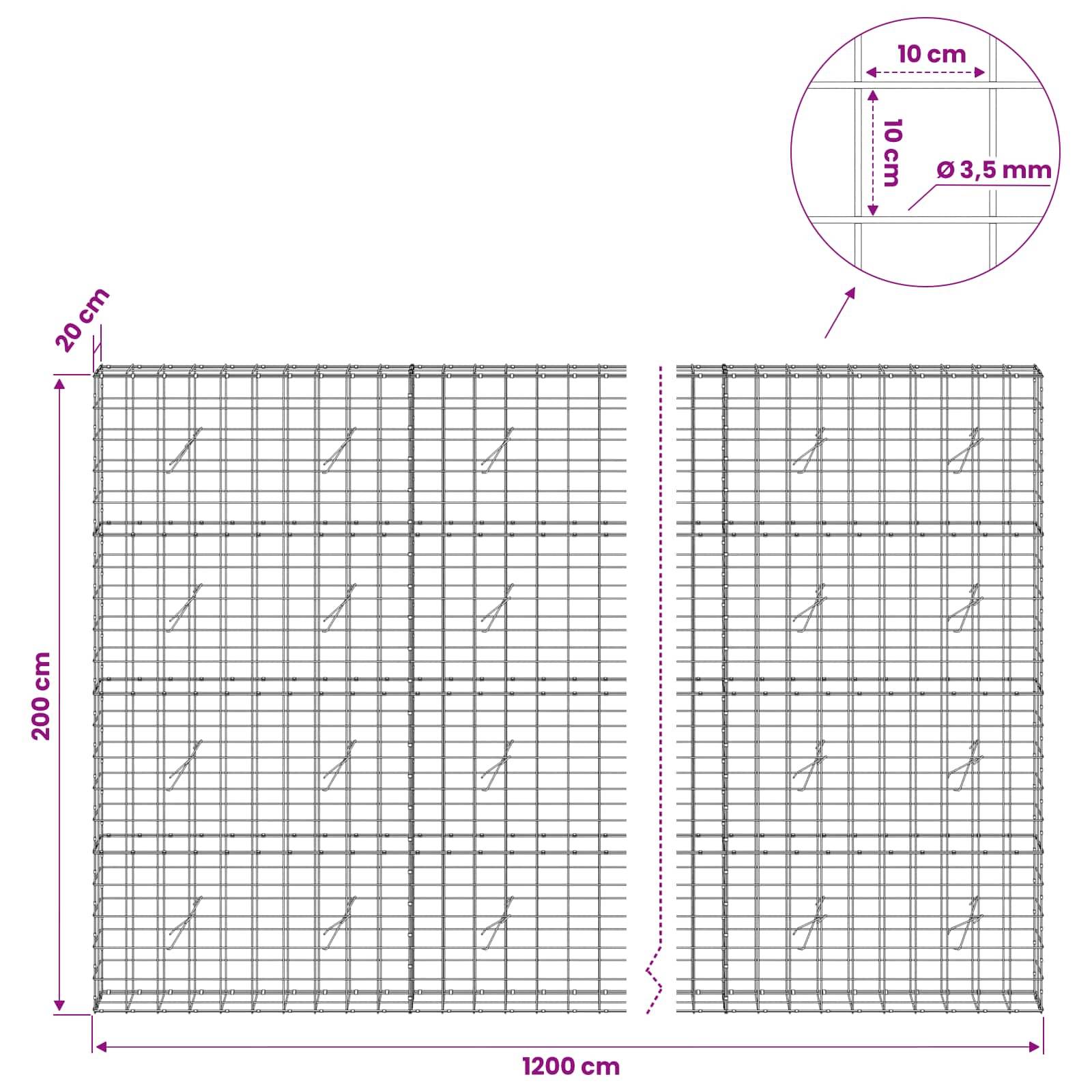 Technisches Gitterdiagramm mit zwei Drahtgewebepanelen, jeweils 10 cm Quadrat mit 3,5 mm Draht, Gesamtbreite 1200 cm und Höhe 200 cm.