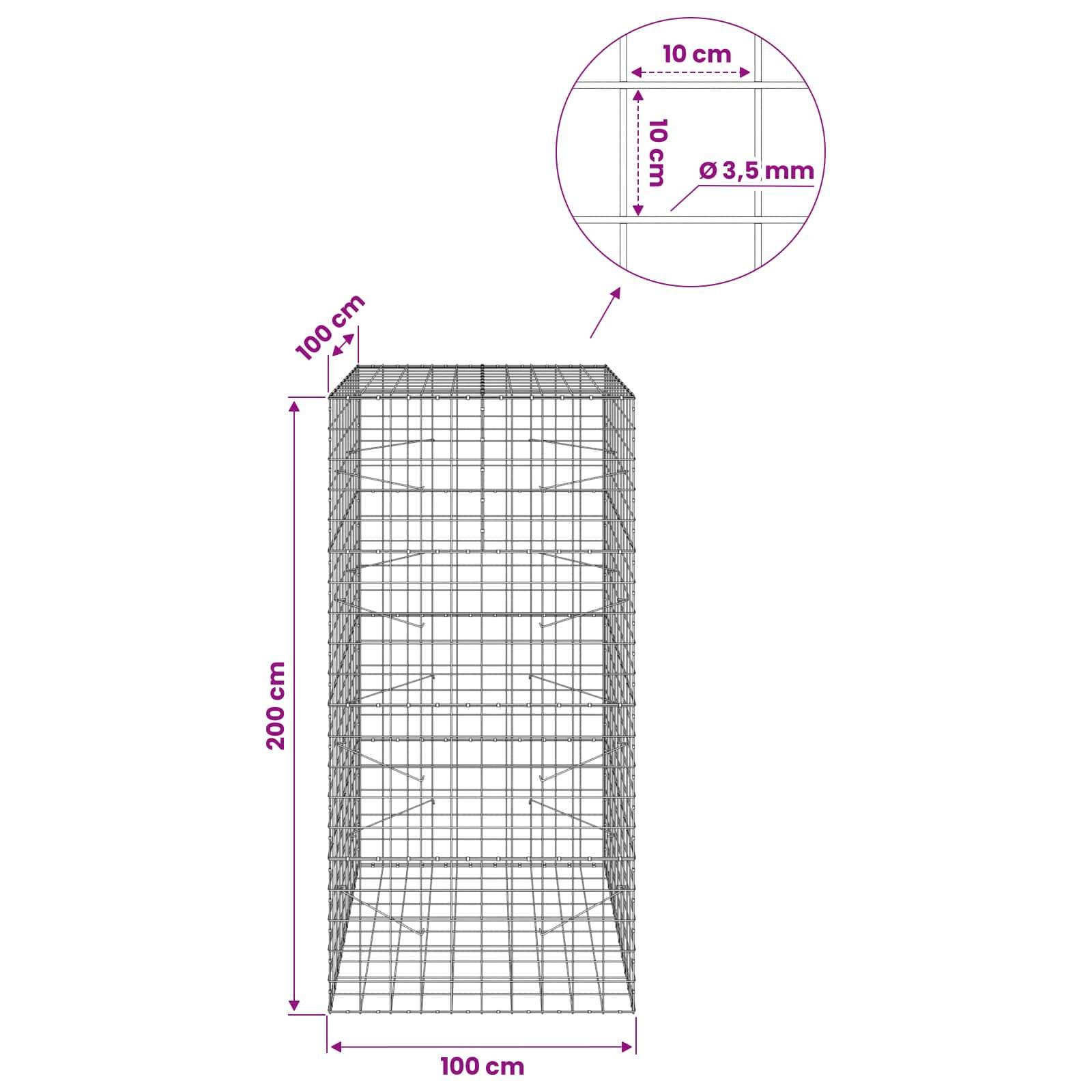 Drahtgitterkäfig-Diagramm mit Abmessungen: 200 cm Höhe, 100 cm Breite und Tiefe, mit 10 cm Quadratgitter und 3,5 mm Drahtdicke.