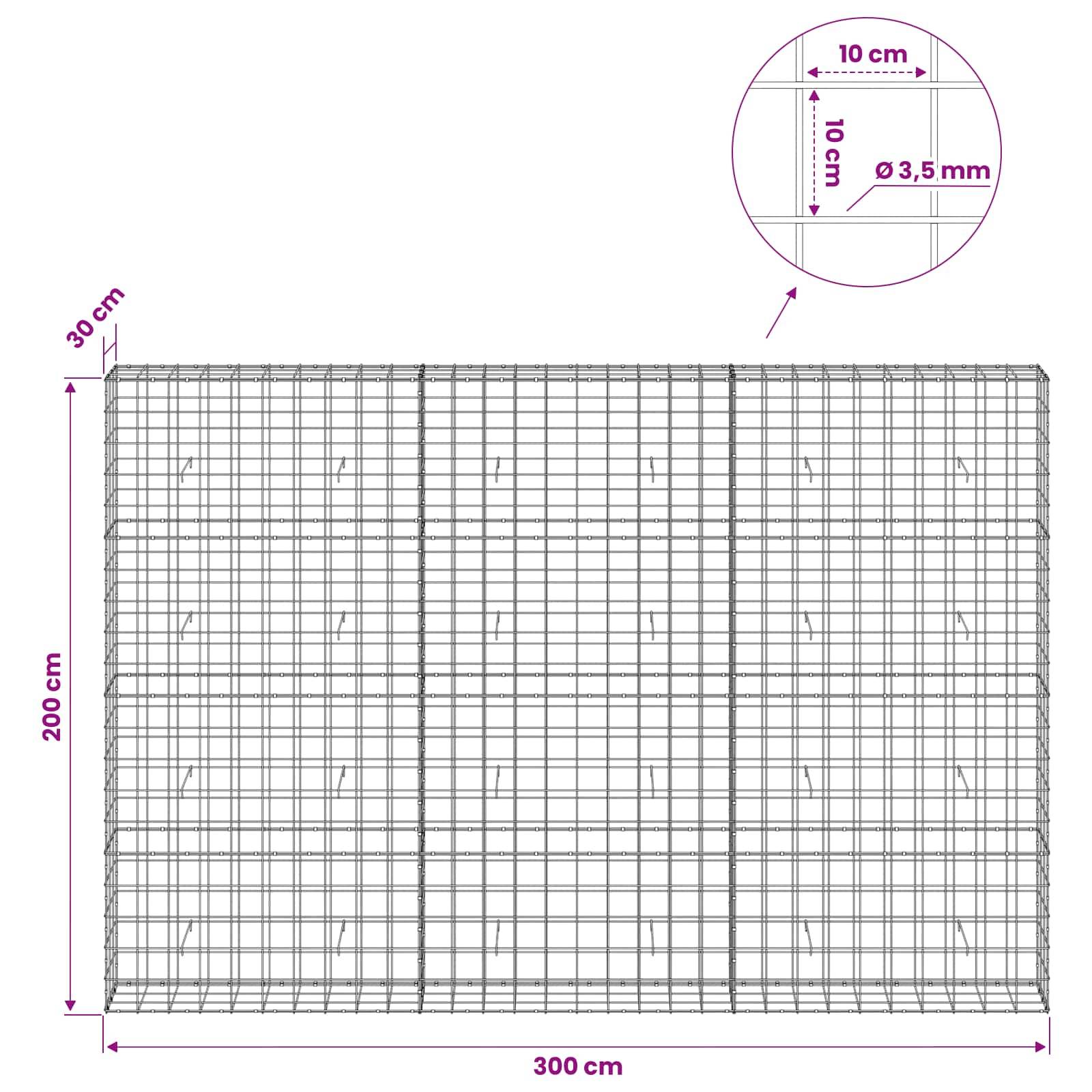 Drahtgeflecht-Panel-Diagramm mit Gesamtgröße 300 cm breit mal 200 cm hoch, 30 cm Tiefe, mit 10 cm Gitterabstand und 3,5 mm Drahtdurchmesser.