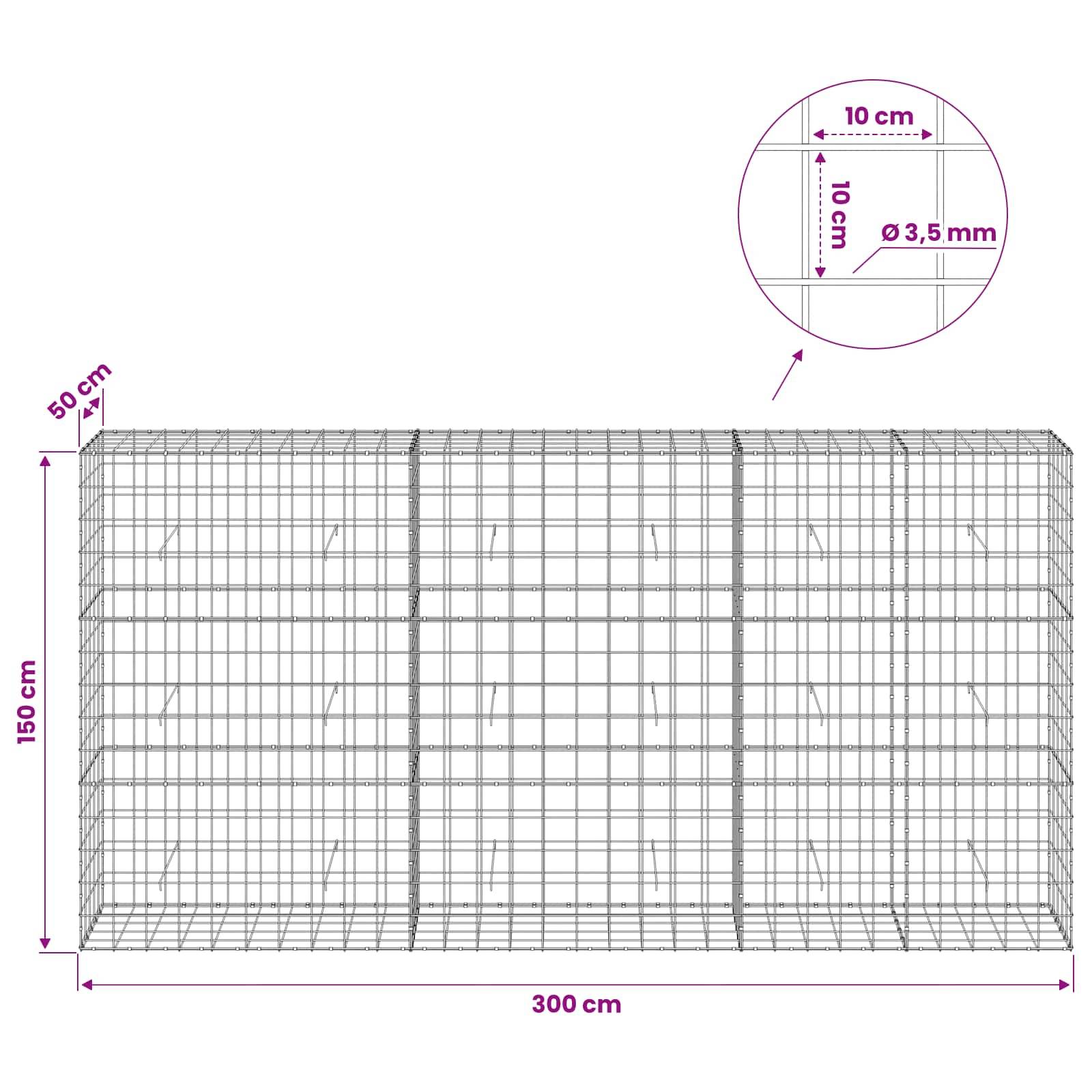 Drahtgeflecht-Gehäusediagramm mit einem rechteckigen Käfig von 300 cm Breite, 150 cm Höhe und 50 cm Tiefe, mit einer Detailzeichnung für 10 cm Gitterabstand und 3,5 mm Drahtdurchmesser.