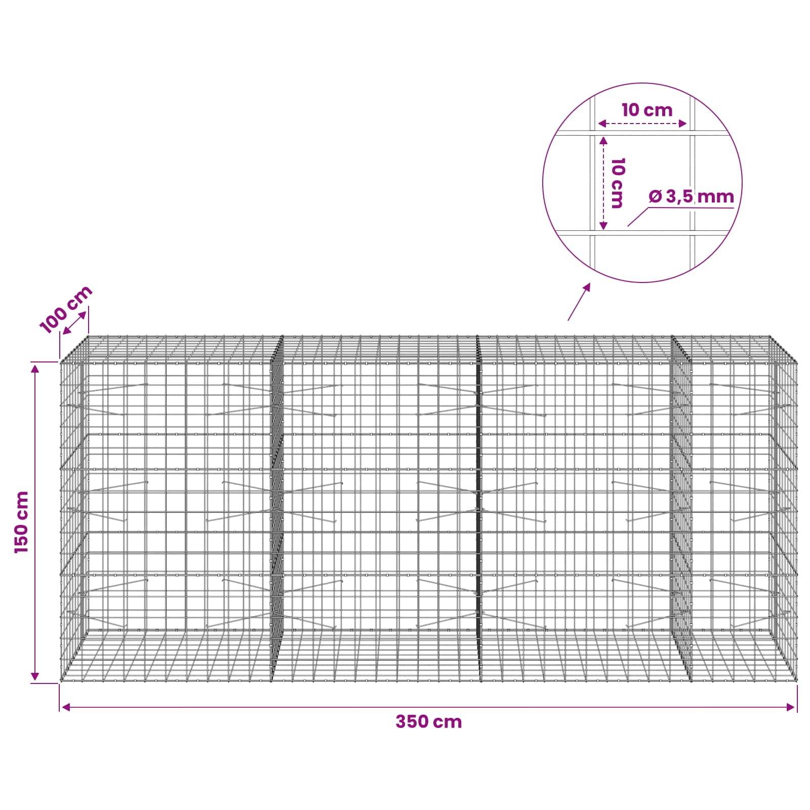 Drahtgittergehäuse-Diagramm mit einer 350 cm breiten, 150 cm hohen, 100 cm tiefen Struktur mit 10 cm Maschenweite und 3,5 mm Drahtdicke.