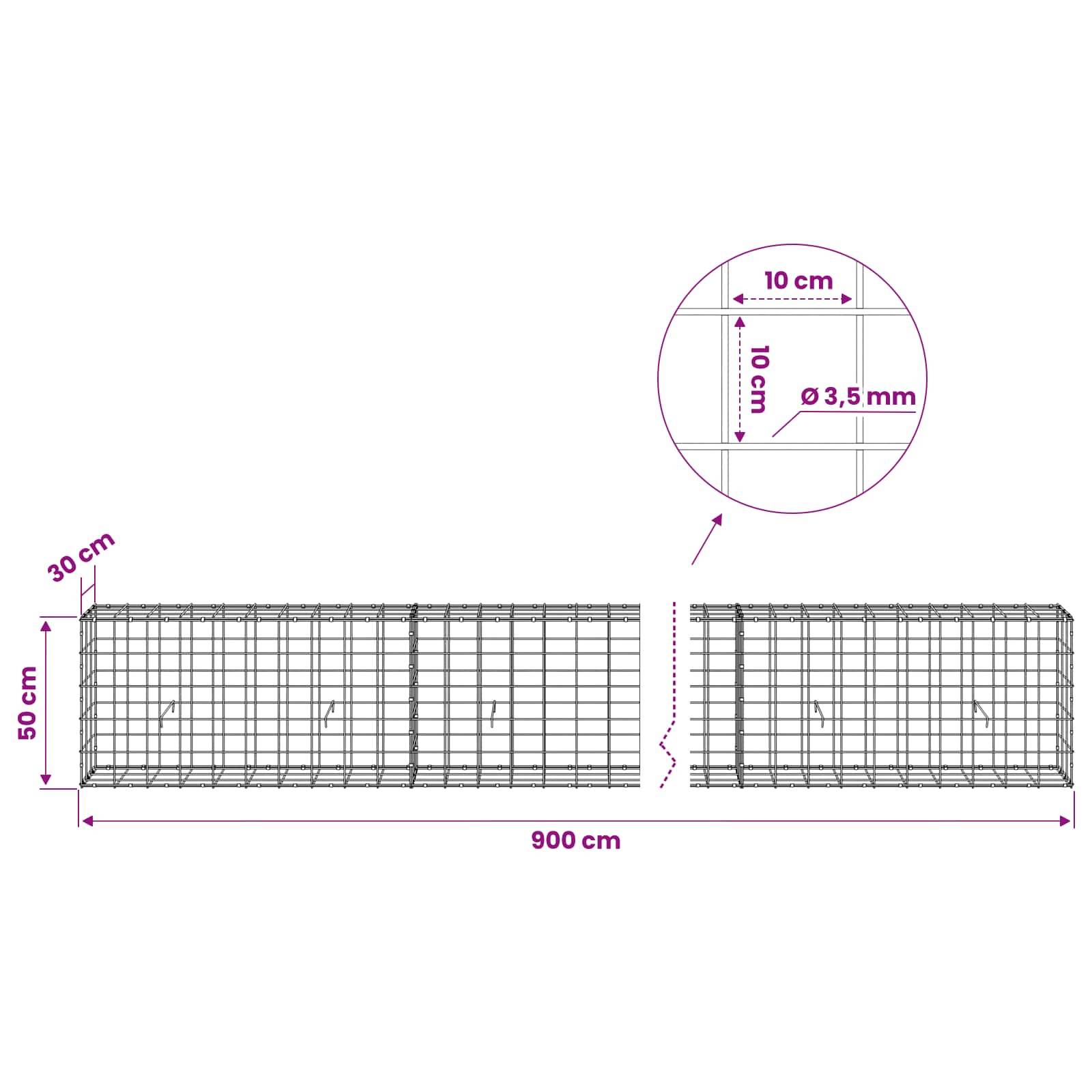 Technisches Diagramm eines Drahtgitterpanels mit einer Gesamtgröße von 900 cm × 50 cm × 30 cm und einer Detailansicht mit 10 cm Maschenweite und 3,5 mm Drahtdurchmesser.