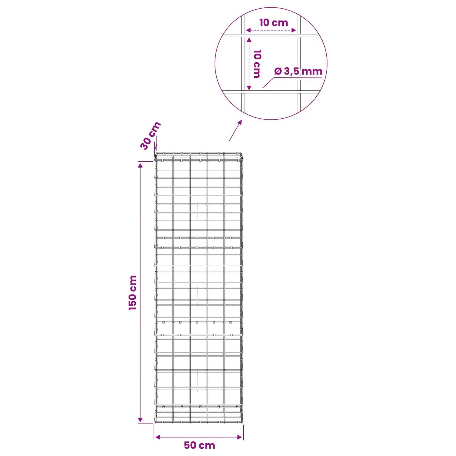 Drahtgitterpanel-Diagramm mit einem 150 cm hohen, 50 cm breiten Abschnitt mit 30 cm Tiefe; Detailausschnitt zeigt 10 cm Gitterabstand und 3,5 mm Drahtdurchmesser.
