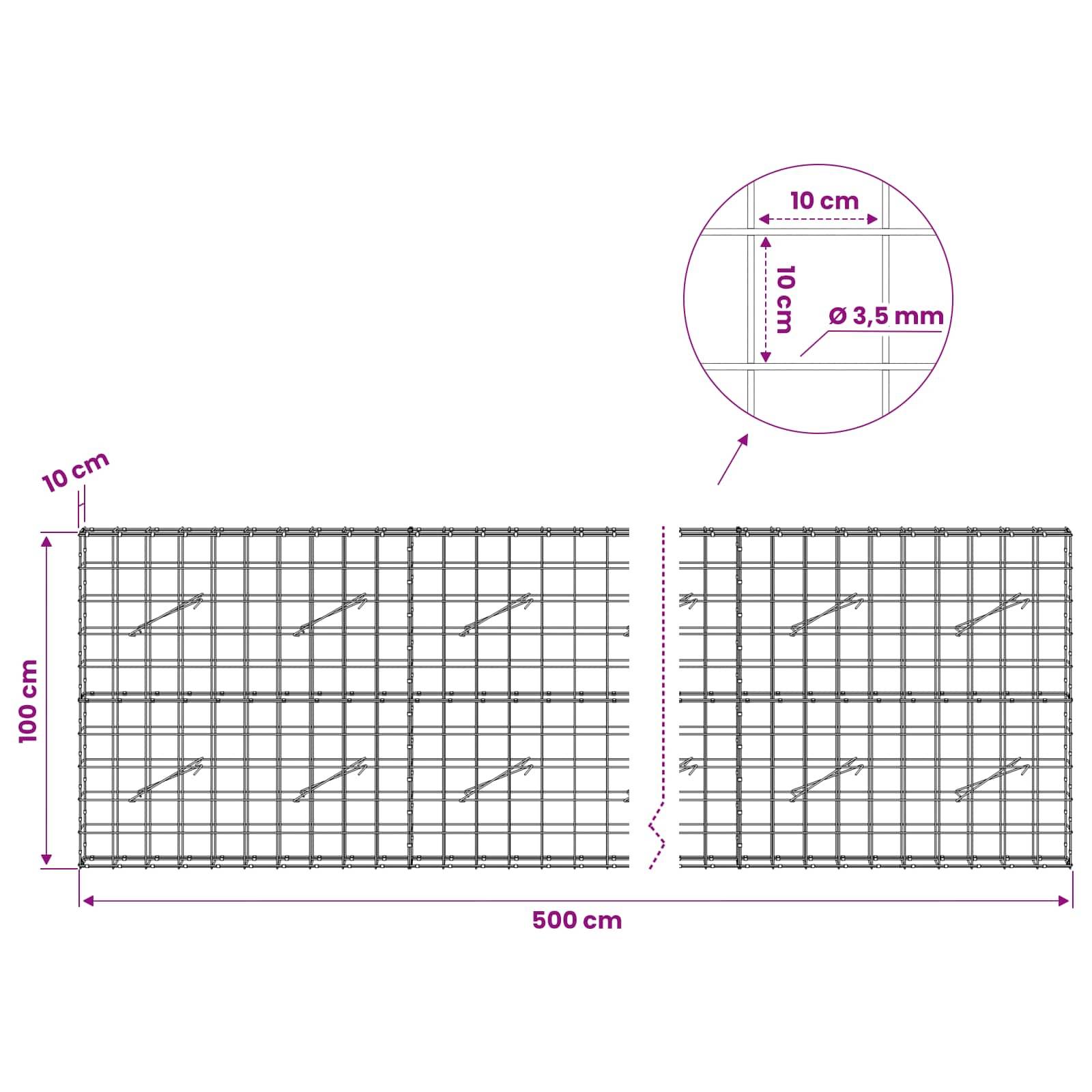 Drahtgitterpanel-Diagramm mit einem 500 cm x 100 cm großen Blech mit 10 cm Gitterabstand und 3,5 mm Drahtdicke, plus einer vergrößerten Detailansicht des Gittermusters.