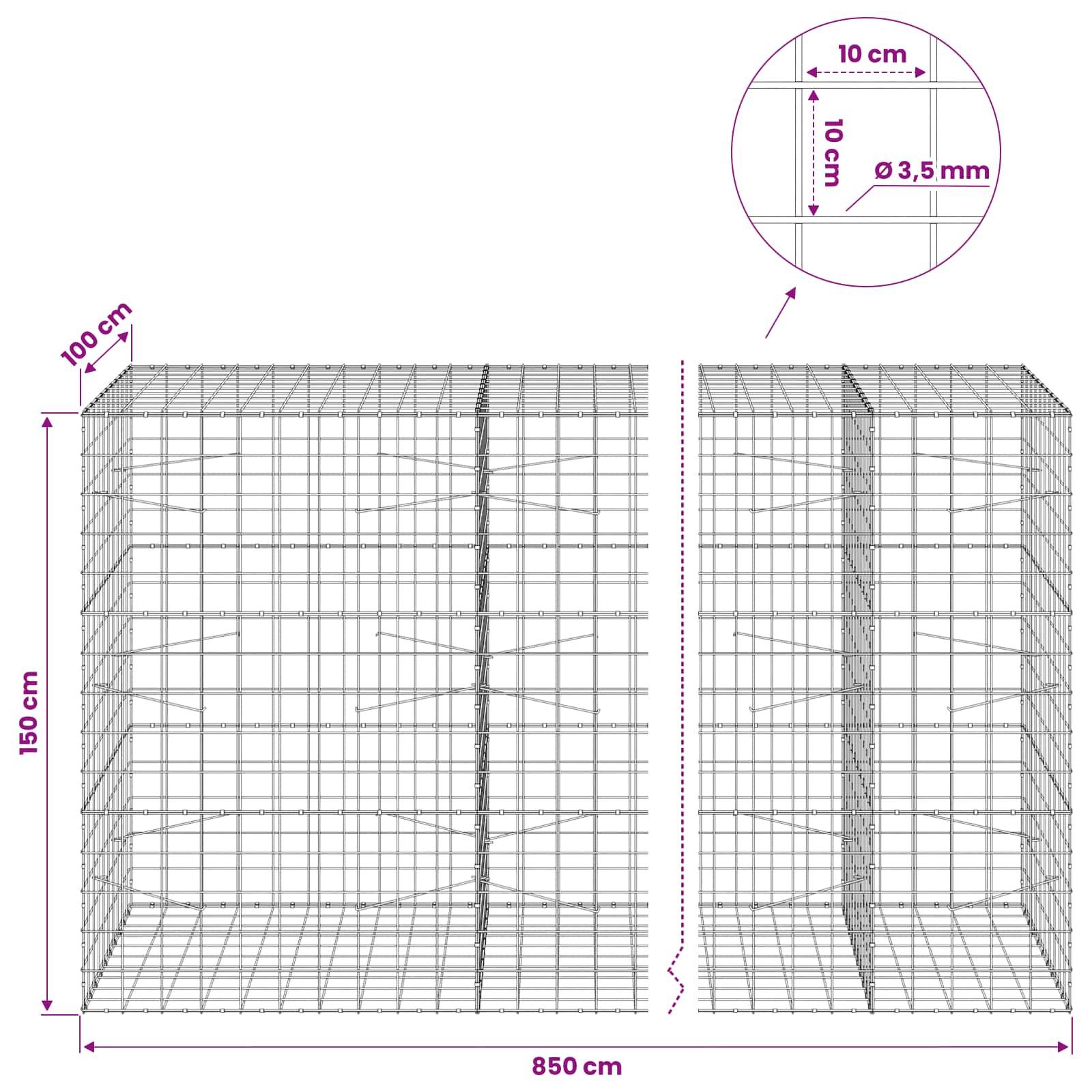 Drahtgittergehäuse-Abmessungsdiagramm mit einer 150 cm hohen, 100 cm tiefen und 850 cm breiten Struktur, mit 10 cm Gitter und 3,5 mm Drahtdurchmesser.