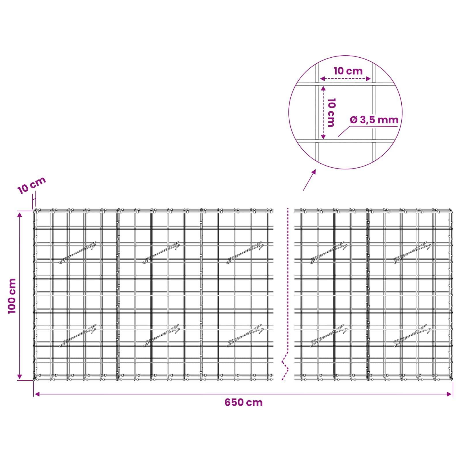 Technisches Diagramm zweier Drahtgitterzaun-Paneele, die miteinander verbunden sind, mit beschrifteten Abmessungen von 650 cm Breite, 100 cm Höhe, 10 cm Gitterabstand und 3,5 mm Drahtdurchmesser.