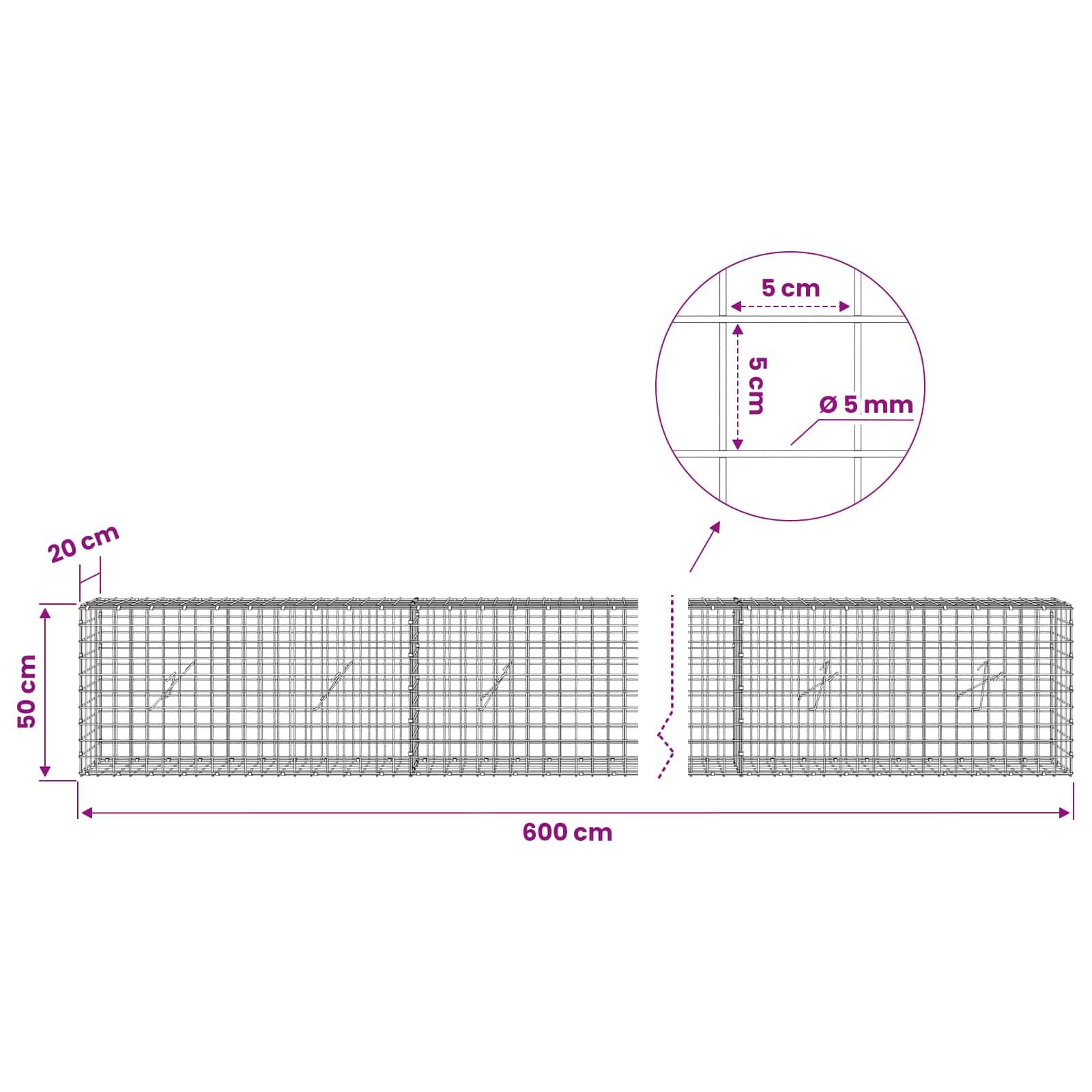 Technisches Diagramm von Drahtgitterpaneelen mit Abmessungen: 600 cm Länge, 50 cm Höhe, 20 cm Endabschnitt, mit 5 cm Gitterabstand und 5 mm Drahtdurchmesser.