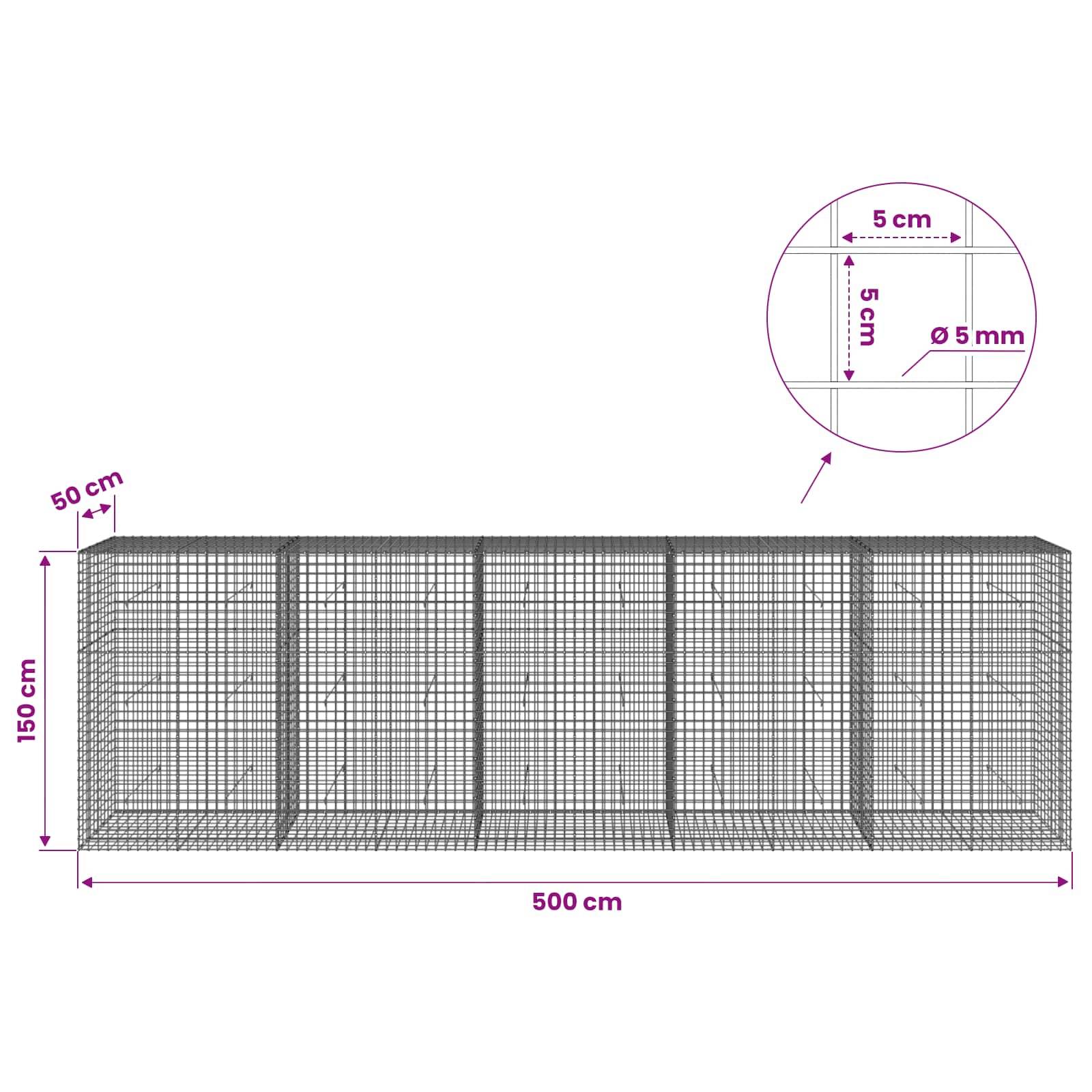 Drahtgitter-Gabionenkörper-Diagramm mit den Abmessungen 500 cm Länge, 150 cm Höhe, 50 cm Tiefe, mit 5 cm Öffnungen aus 5 mm Draht.
