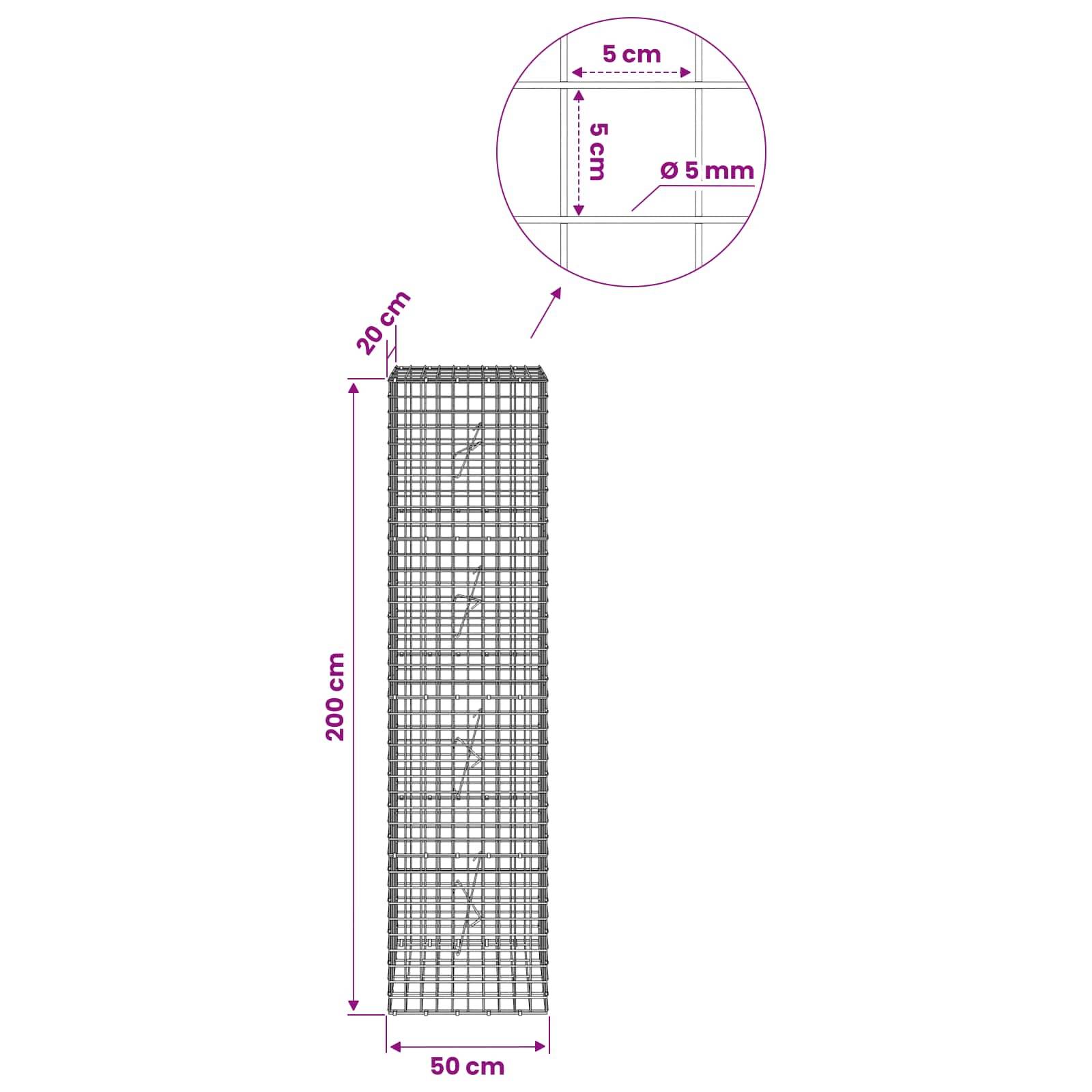 Diagramm eines rechteckigen Drahtgitterpanels, 200 cm hoch und 50 cm breit, mit 5 cm Rasterabstand und 5 mm Drahtdurchmesser, dargestellt in einer Detailansicht.