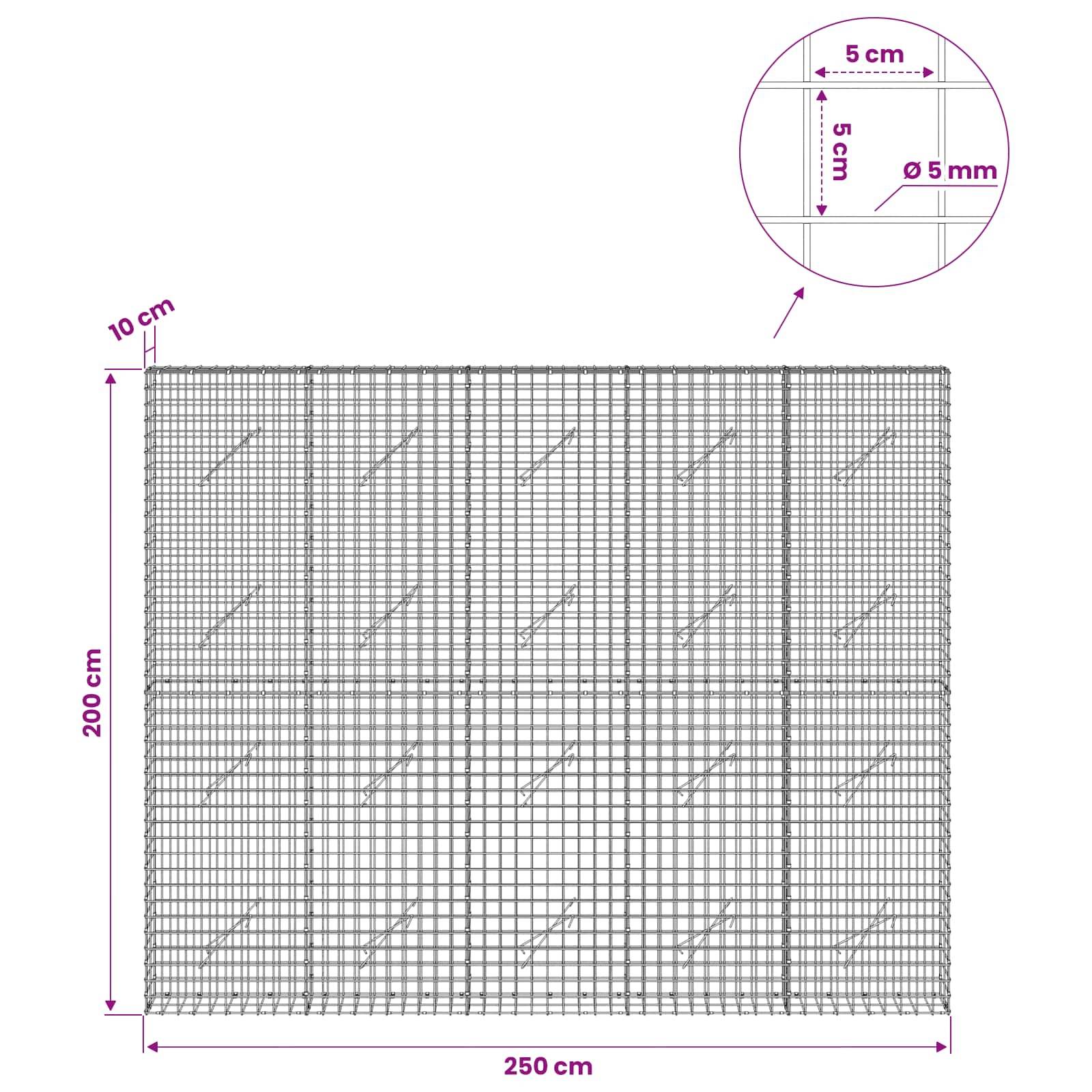 Diagramm eines verschweißten Drahtgitterpanels mit Abmessungen von 250 cm Breite und 200 cm Höhe, mit 5 cm Gitterabstand und 5 mm Drahtdurchmesser; Ausschnitt zeigt 10 cm oberen Rand.