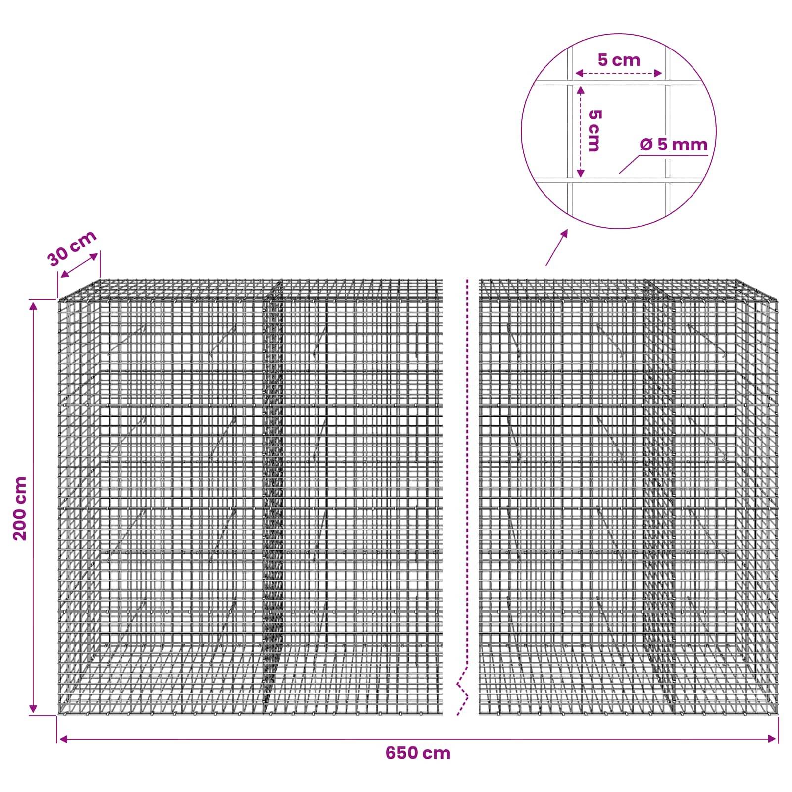 Technische Zeichnung von zwei Drahtgitterpaneelen, die einen rechteckigen Käfig bilden, gekennzeichnet mit 650 cm Breite, 200 cm Höhe, 30 cm Tiefe, mit 5 cm Gitter und 2,5 mm Draht.