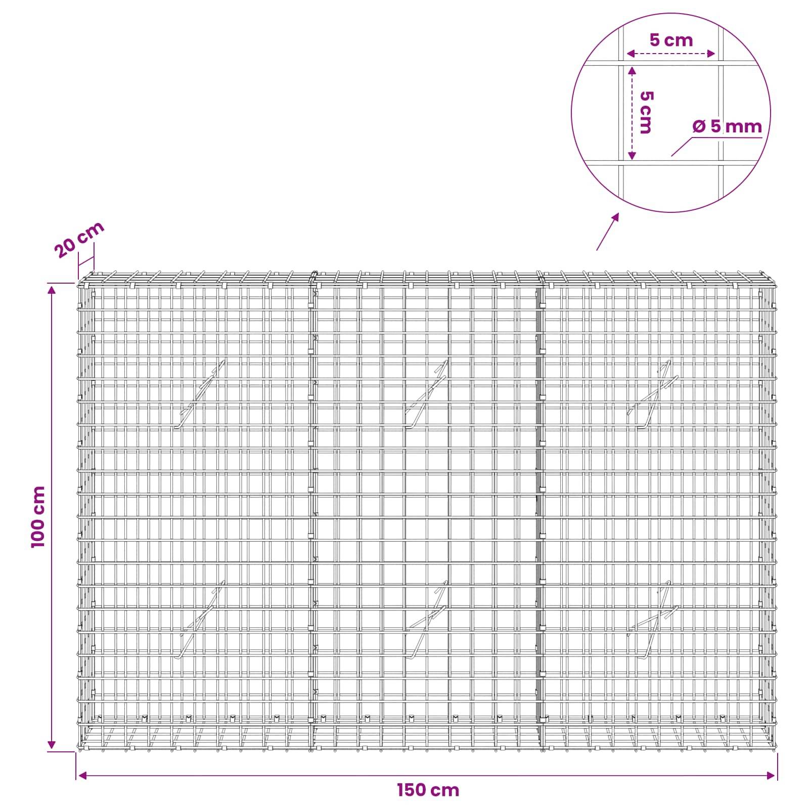 Drahtgeflecht-Schüttkasten-Diagramm mit Abmessungen: 150 cm breit, 100 cm hoch, 20 cm tief, mit 5 cm × 5 cm Öffnungen aus 5 mm Draht.