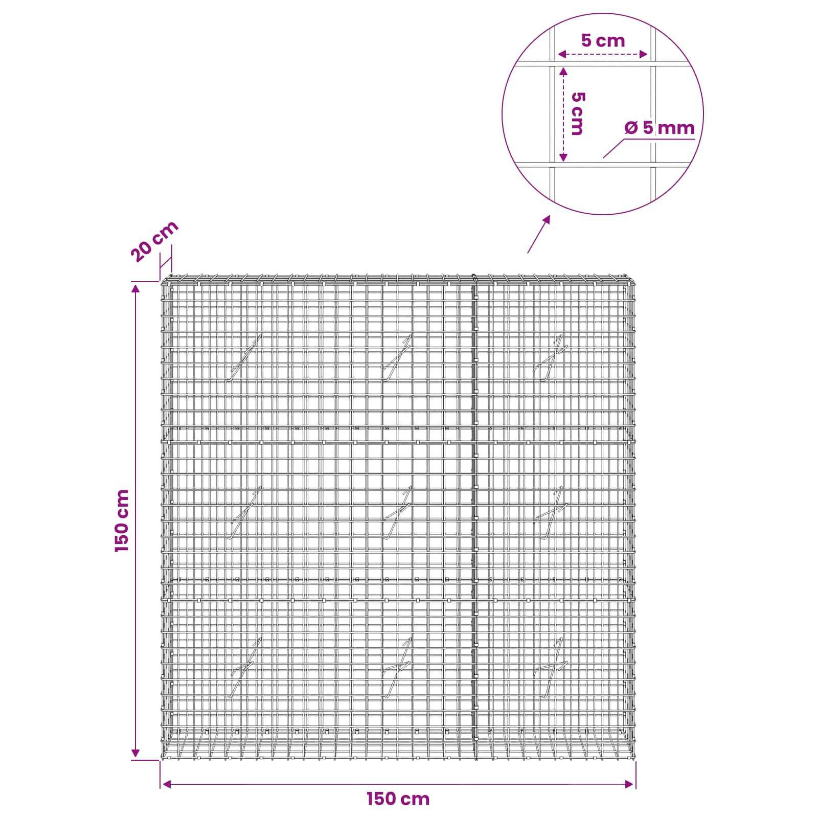 Drahtgeflecht-Paneel-Diagramm, das ein 150 cm × 150 cm großes quadratisches Gitter mit 20 cm Randabstand zeigt; eingefügte Detailbezeichnungen mit 5 cm Abstand und 5 mm Drahtdurchmesser.