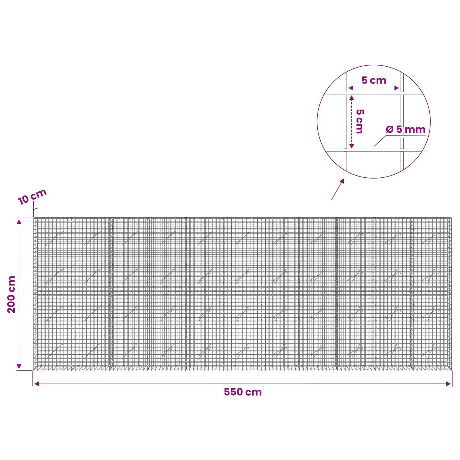 Technische Zeichnung eines rechteckigen Drahtgitterpanels, 550 cm breit und 200 cm hoch, mit 10 cm Abstand oben und einer Detailansicht, die 5 cm Quadrate und 5 mm Drahtdurchmesser zeigt.