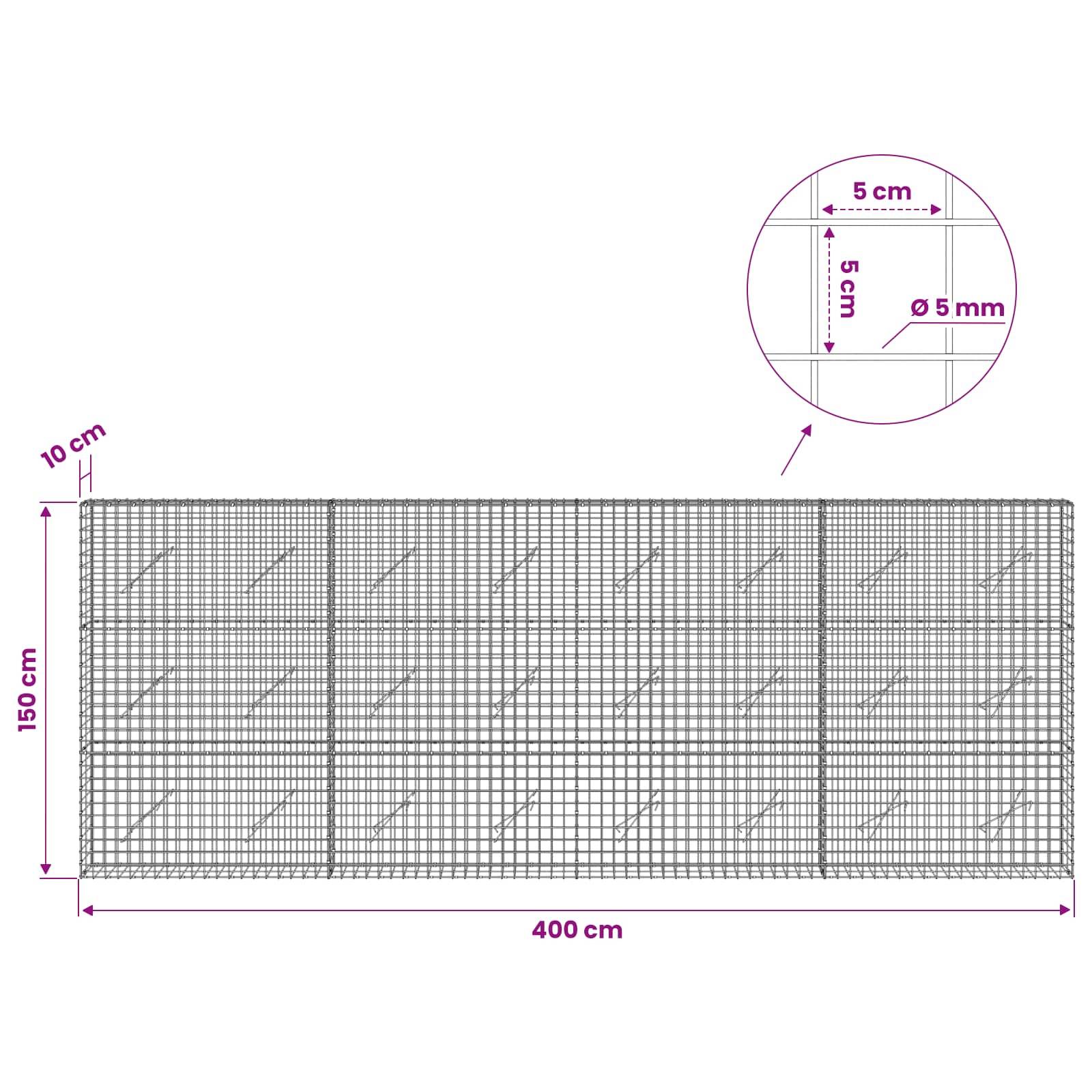 Technisches Diagramm eines Maschendrahtzaun-Paneels mit einer Breite von 400 cm und einer Höhe von 150 cm, mit 10 cm Pfosten, 5 cm Maschenweite und 5 mm Drahtdicke.