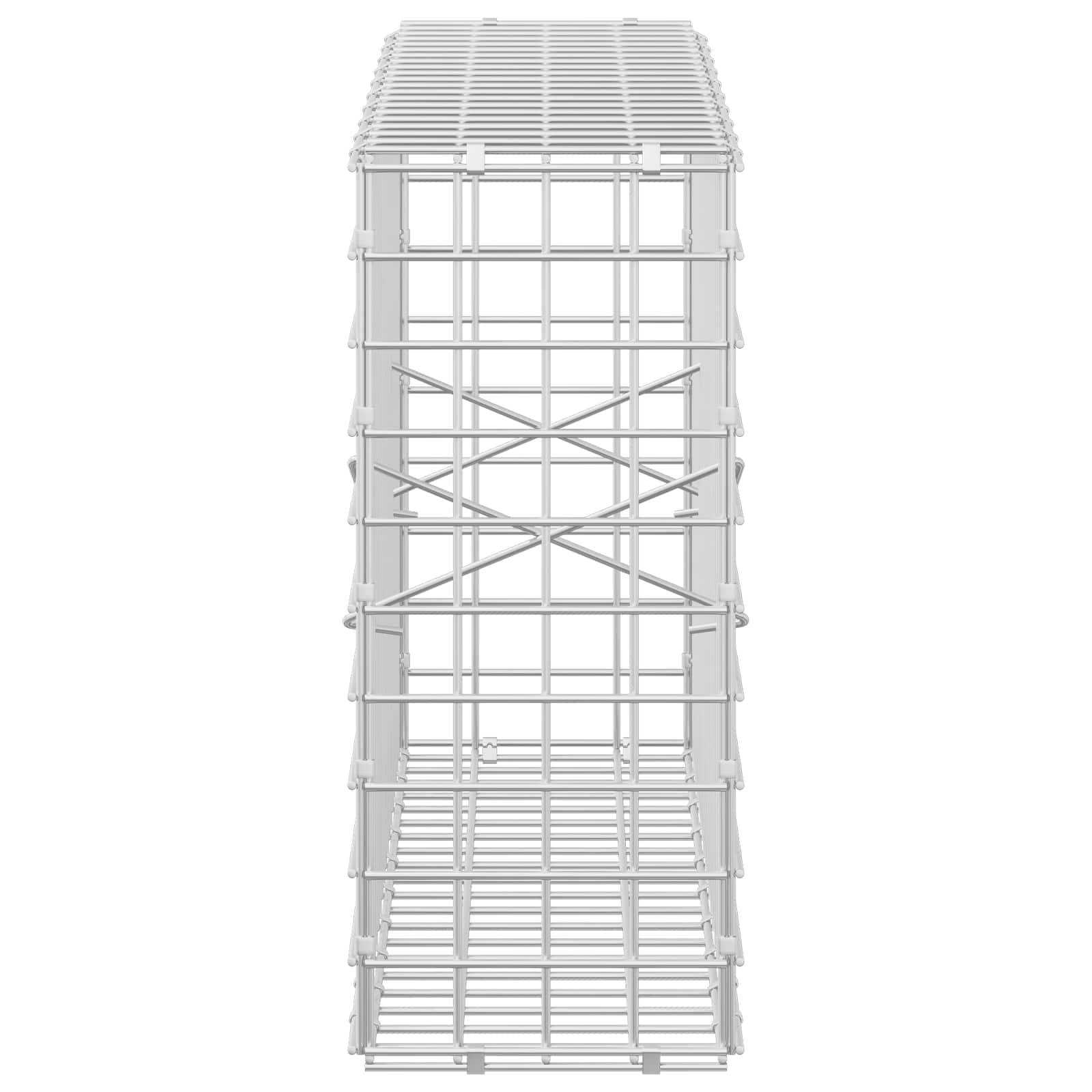 Vorderansicht eines hohen weißen Metallgitterkäfigs oder einer Umzäunung mit Lamellendach und verstärkter Queraussteifung, dargestellt vor einem einfachen Hintergrund.