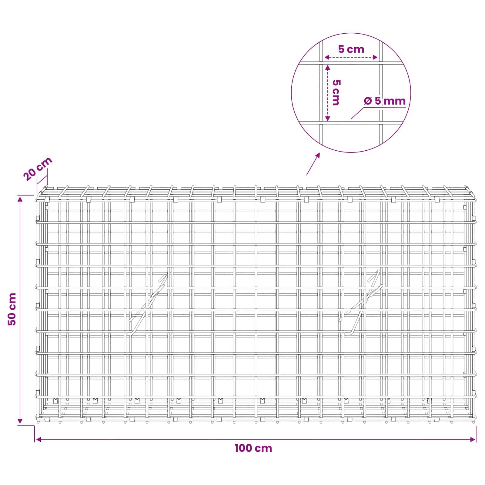 Drahtmaschenfeld-Diagramm mit Gesamtgröße 100 cm x 50 cm, 20 cm Tiefe, 5 cm Maschenweite und 5 mm Drahtdicke.