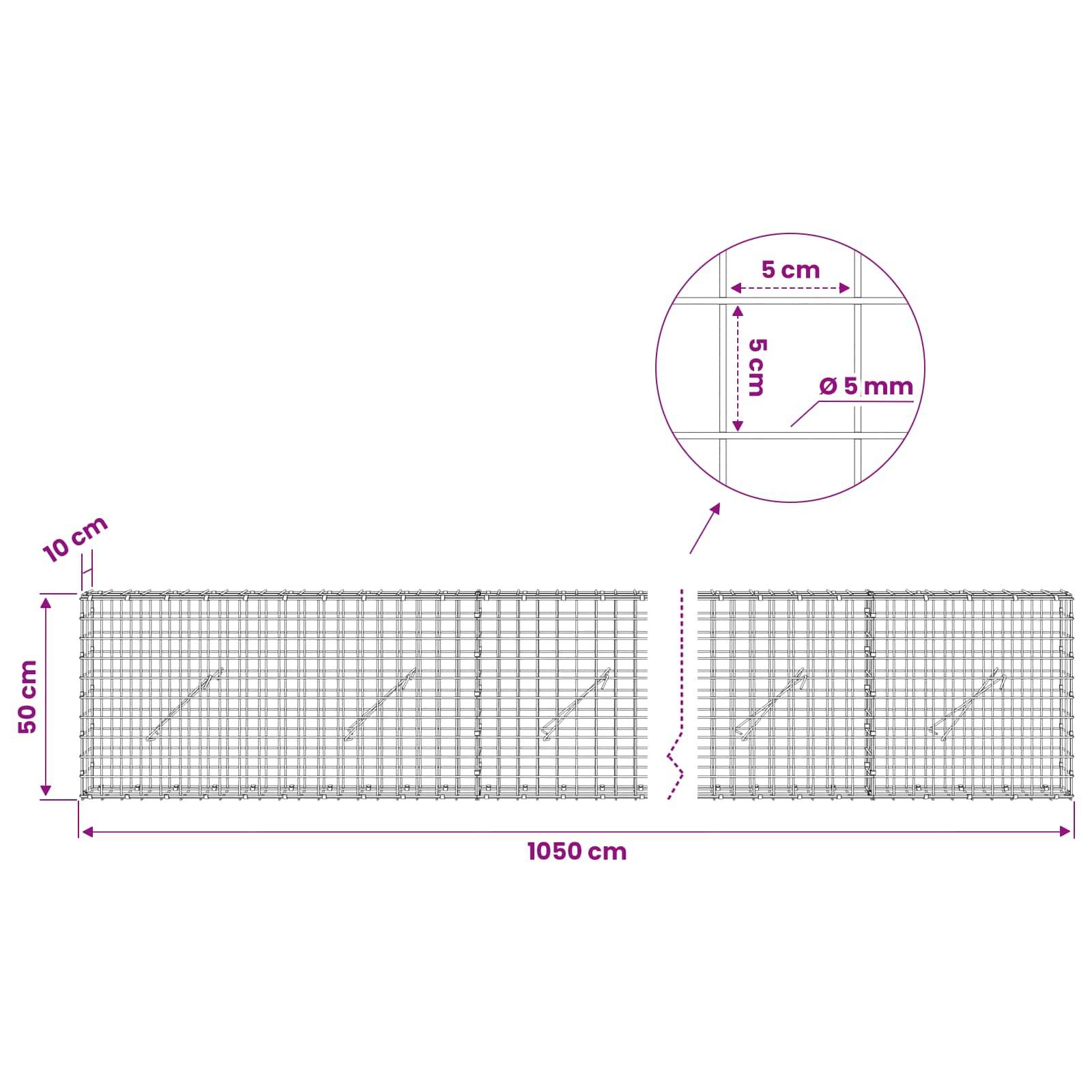 Diagramm eines Drahtgitterpanels mit den Abmessungen: 1050 cm Länge, 50 cm Höhe, 10 cm Kante und einem 5 cm × 5 cm Gitter aus 5 mm Draht.