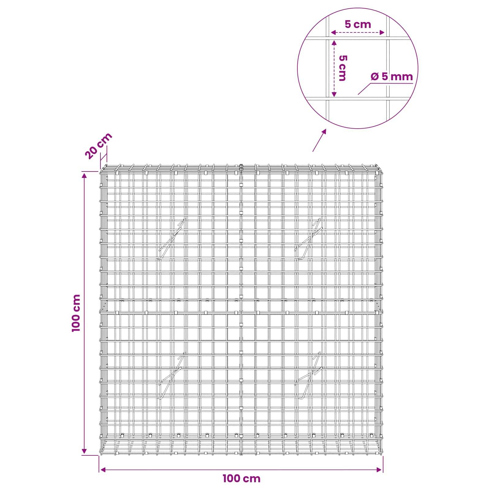 Drahtgeflecht-Paneeldiagramm mit 100 cm x 100 cm Paneel, 20 cm Tiefe, 5 cm Quadratgitter und 5 mm Drahtdurchmesser.