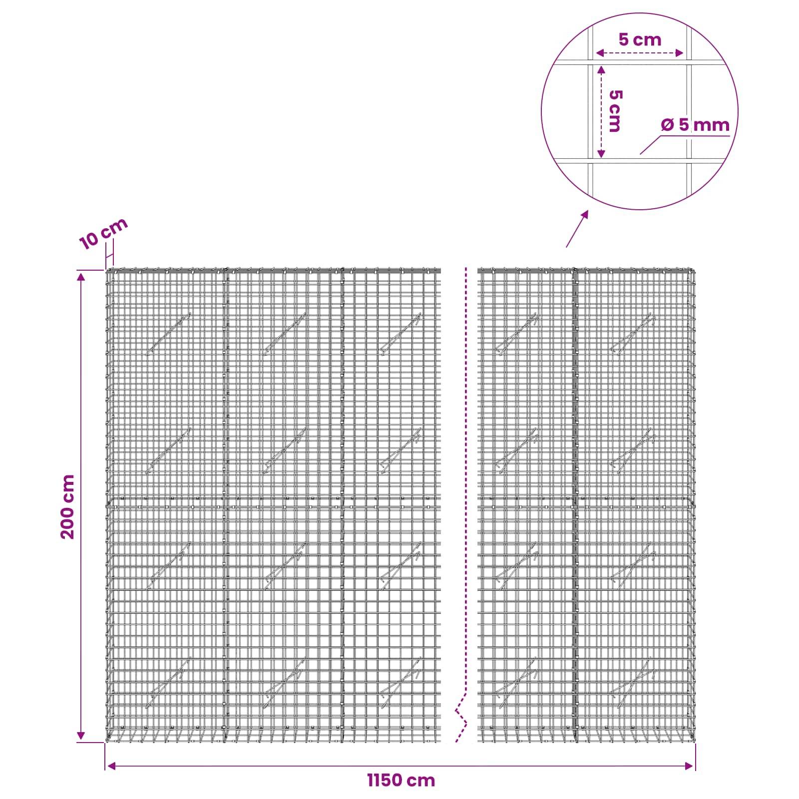 Technisches Diagramm eines Drahtgitterpanels, das 1150 cm breit und 200 cm hoch ist, mit einem Gitterabstand von 5 cm und einem Drahtdurchmesser von 5 mm.