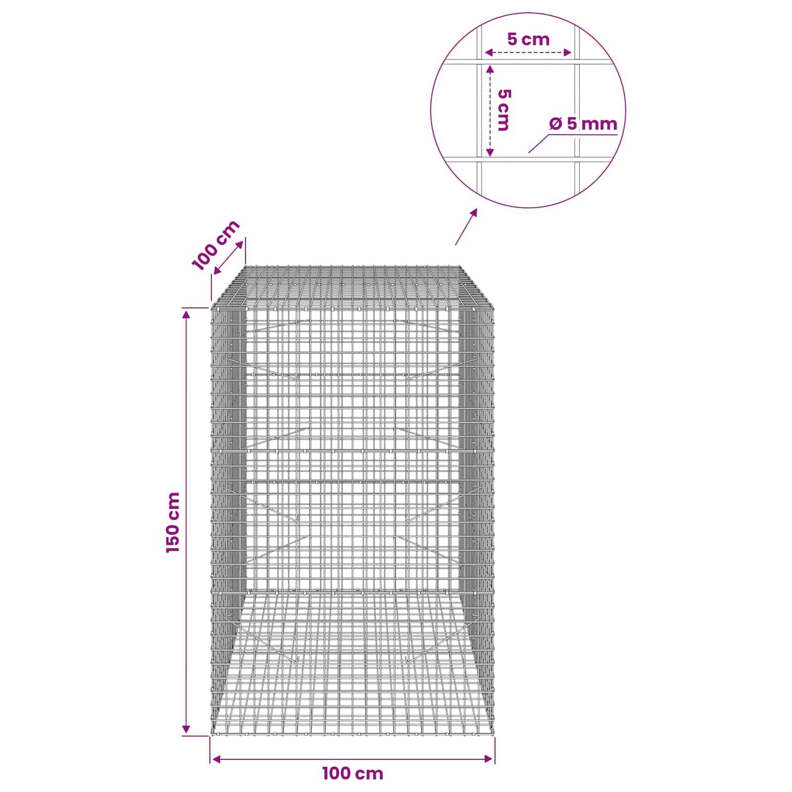 Drahtgitterkäfig-Diagramm mit den Maßen 100 cm breit, 150 cm hoch, 100 cm tief, Gitterabstand 5 cm und Drahtdurchmesser 5 mm.