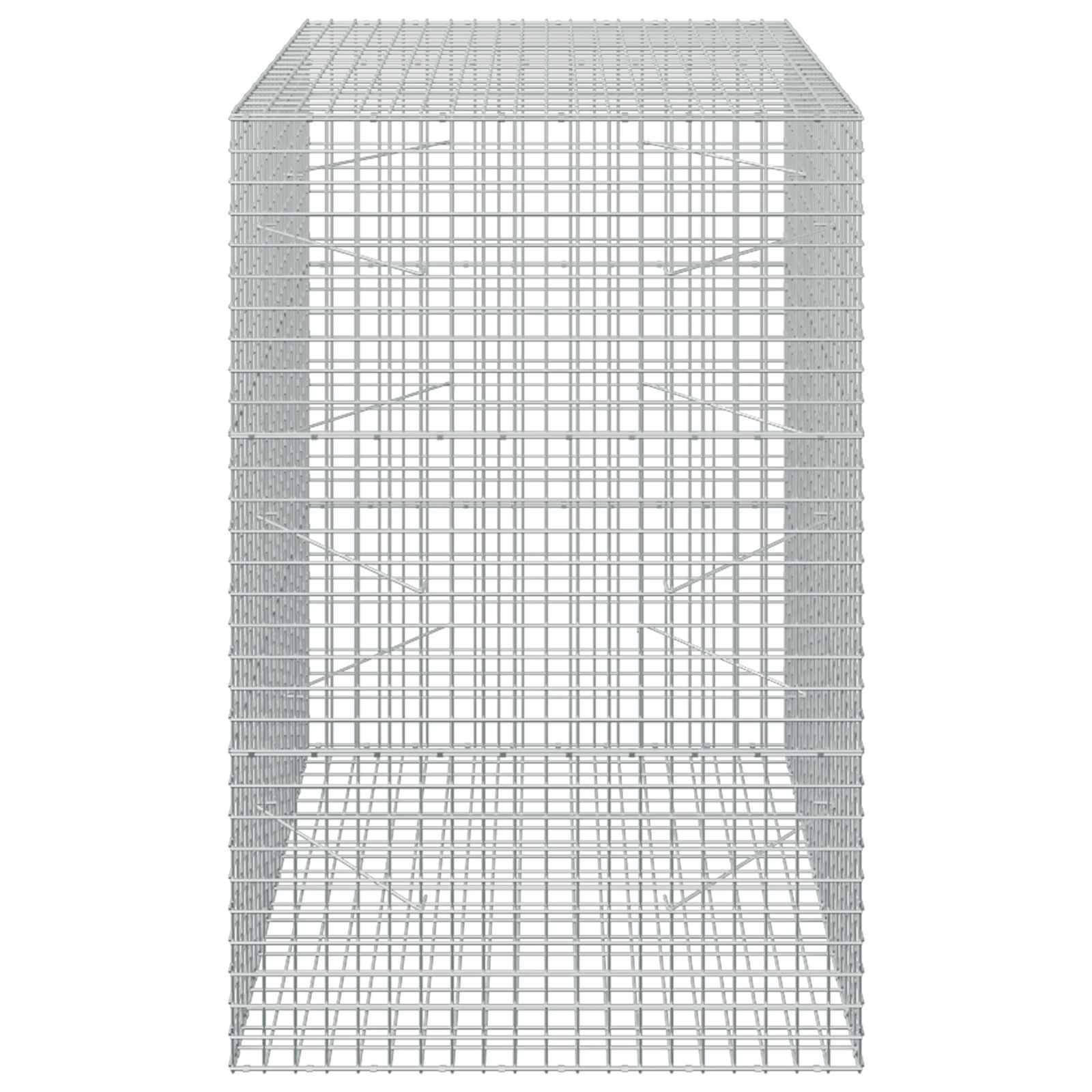 Drahtgitterdiagramm eines hohen rechteckigen Käfigs oder strukturellen Maschennetzes mit einer breiteren geneigten Basis, dargestellt in hellem Grau auf weißem Hintergrund.