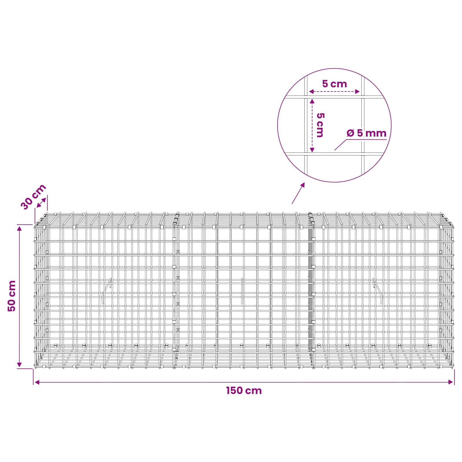 Drahtnetz-Rechteckkäfig mit den Abmessungen 150 cm Länge, 50 cm Höhe, 30 cm Tiefe, mit 5 cm quadratischem Maschenmuster und 5 mm Draht, gezeigt in einer Detailansicht.