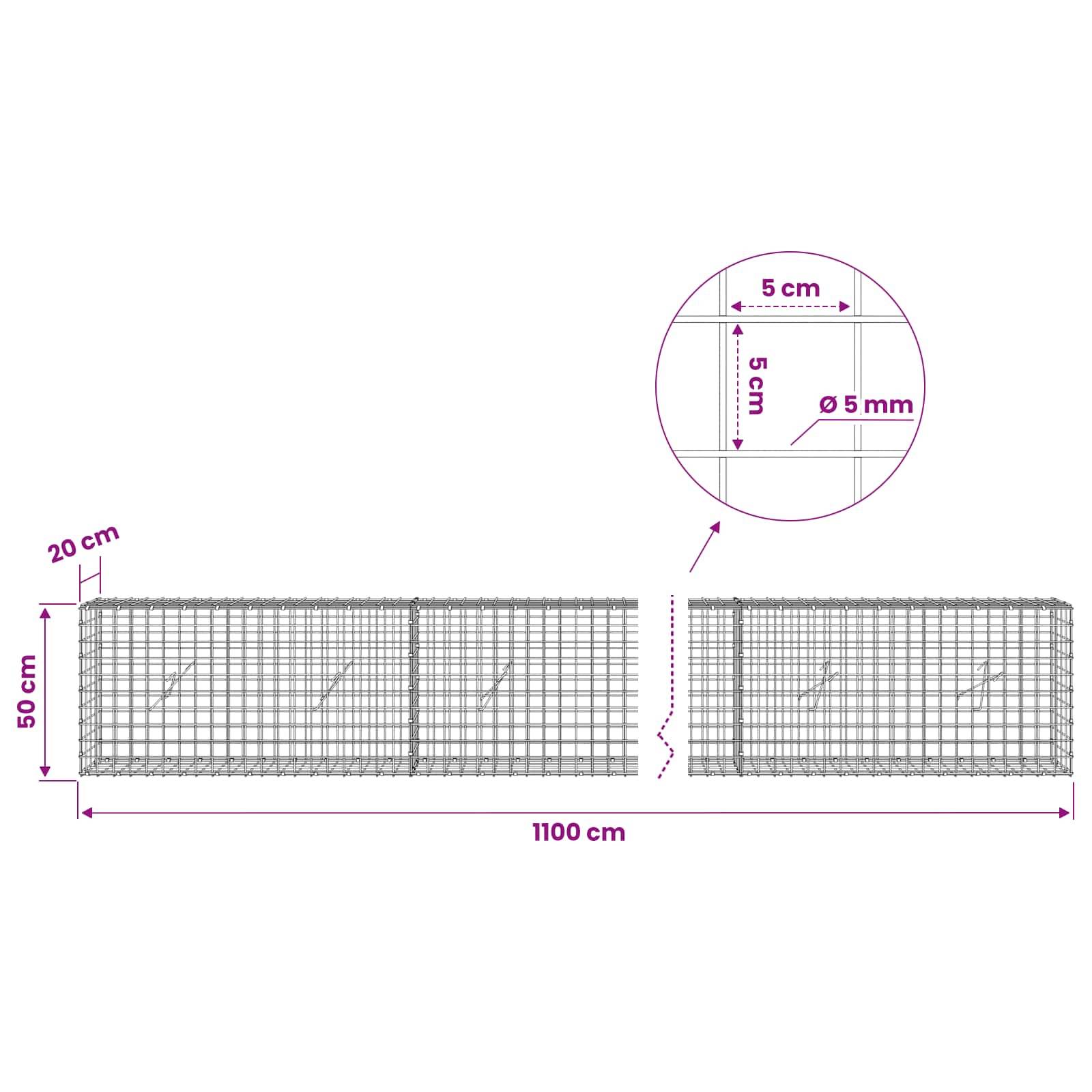 Diagramm einer Drahtgitterpaneel mit den Abmessungen: 1100 cm lang, 50 cm hoch, mit 20 cm Endbereich und 5 cm mal 5 cm Gitter aus 5 mm Draht.