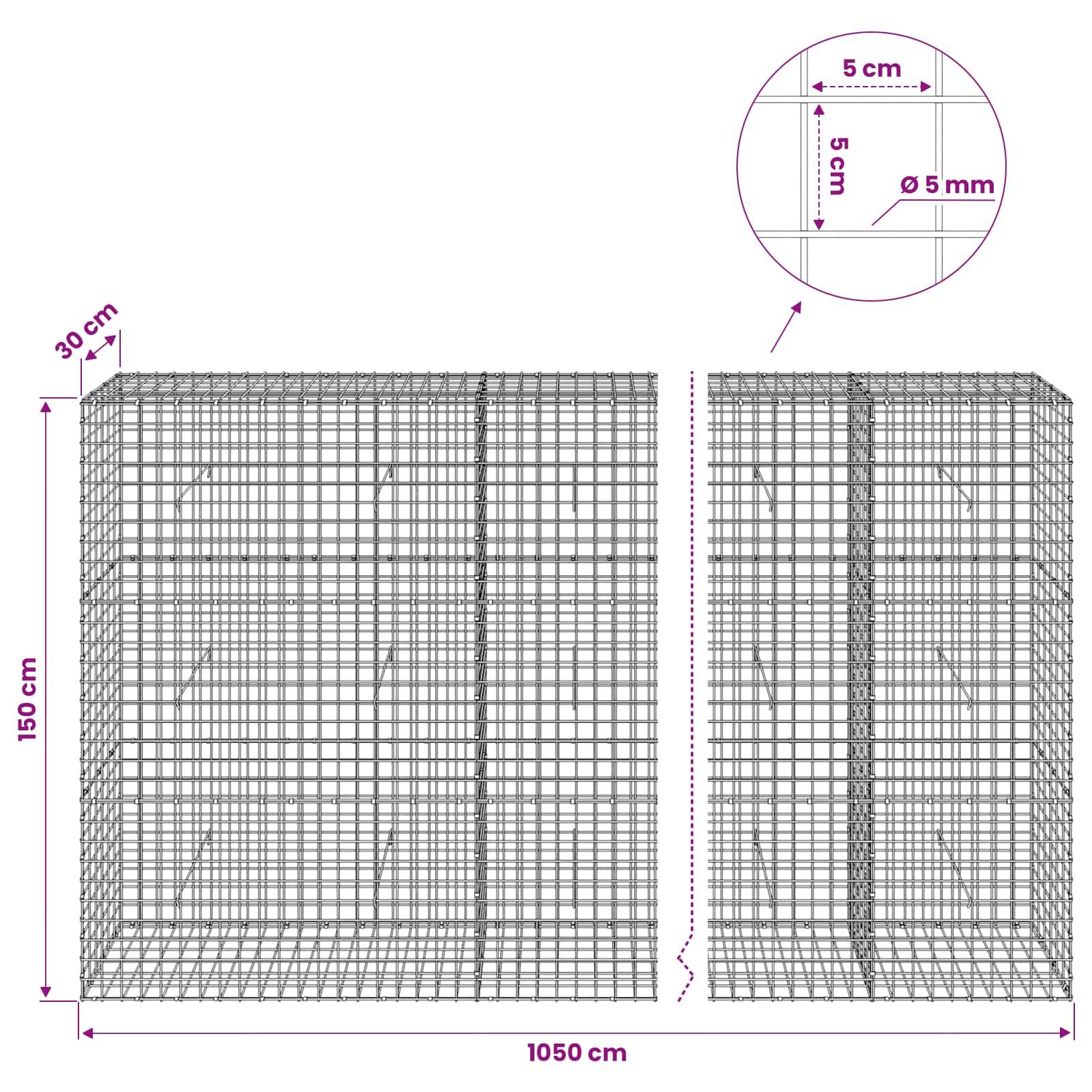 Technisches Diagramm eines Drahtgitter-Gabionenkastens, dargestellt in Vorder- und Seitenansicht, mit Beschriftung 1050 cm breit, 150 cm hoch, 30 cm tief, mit 5 cm Maschenweite und 5 mm Draht.