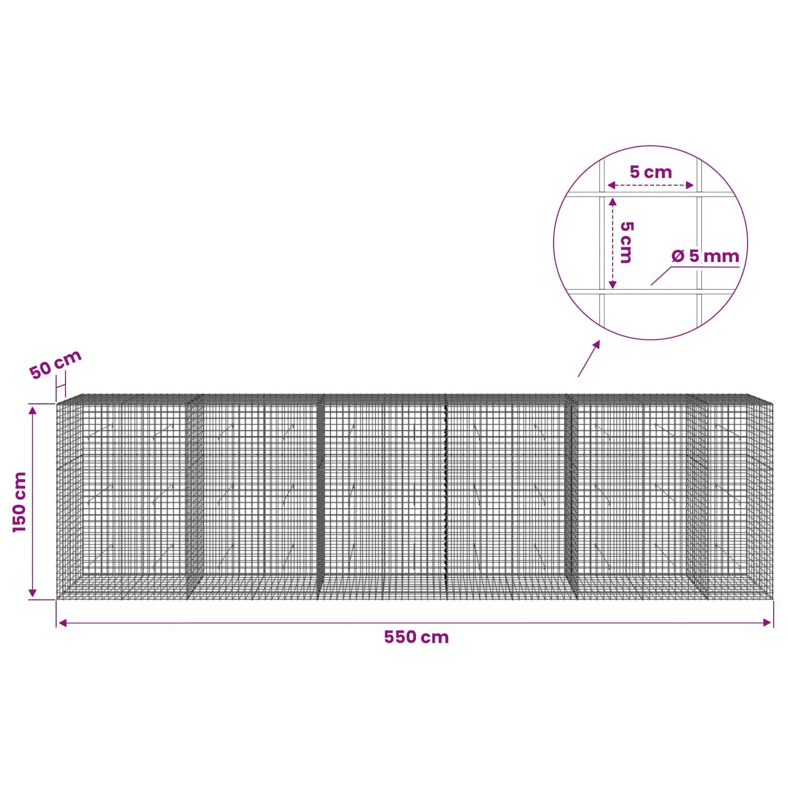 Technische Zeichnung eines Drahtgeflecht-Gehäuses mit Abmessungen: 550 cm lang, 150 cm hoch, 50 cm tief, mit 5 cm Maschenweite und 5 mm Drahtdurchmesser.